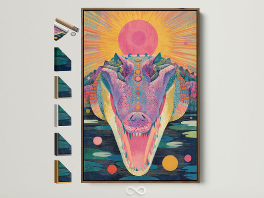 A framed art print of an alligator hangs on a white wall. The frame is brown. Various frame options are displayed on the side. Add style and personality to your space with framed artwork. Find the perfect frame to complement your art.