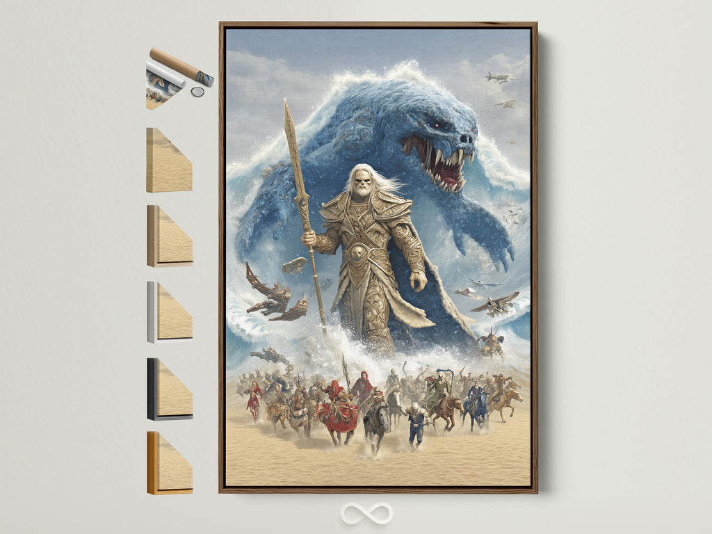 A captivating epic fantasy art print is framed in a warm brown frame. See the full range of frame options available displayed beside the artwork. The artwork features an ancient warrior facing off against a monstrous sea creature. It is perfect for game rooms or any space needing a touch of mythical adventure.