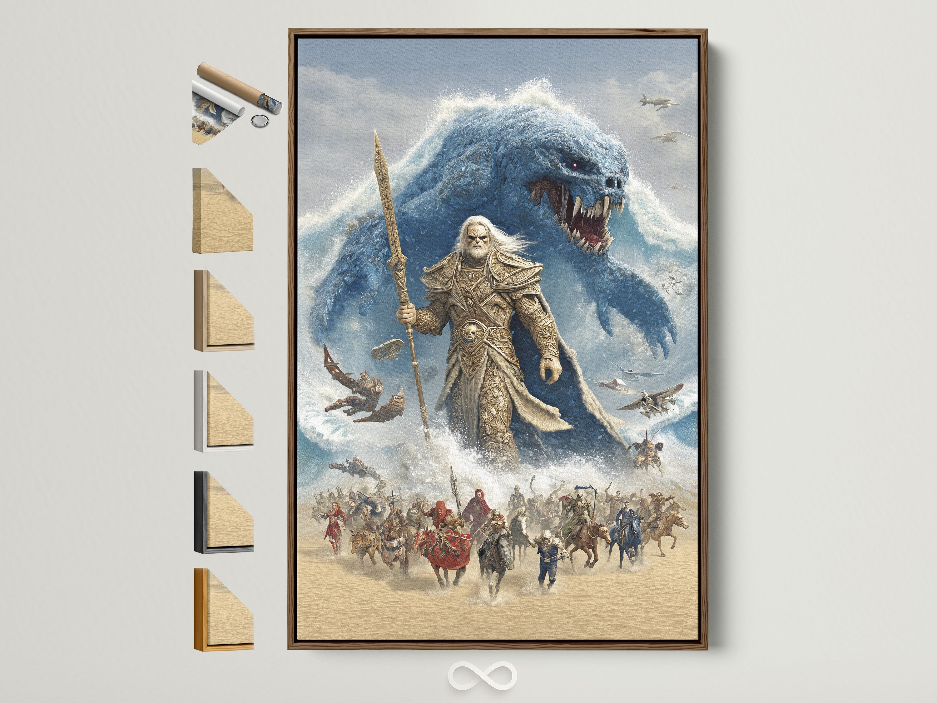 A captivating epic fantasy art print is framed in a warm brown frame. See the full range of frame options available displayed beside the artwork. The artwork features an ancient warrior facing off against a monstrous sea creature. It is perfect for game rooms or any space needing a touch of mythical adventure.