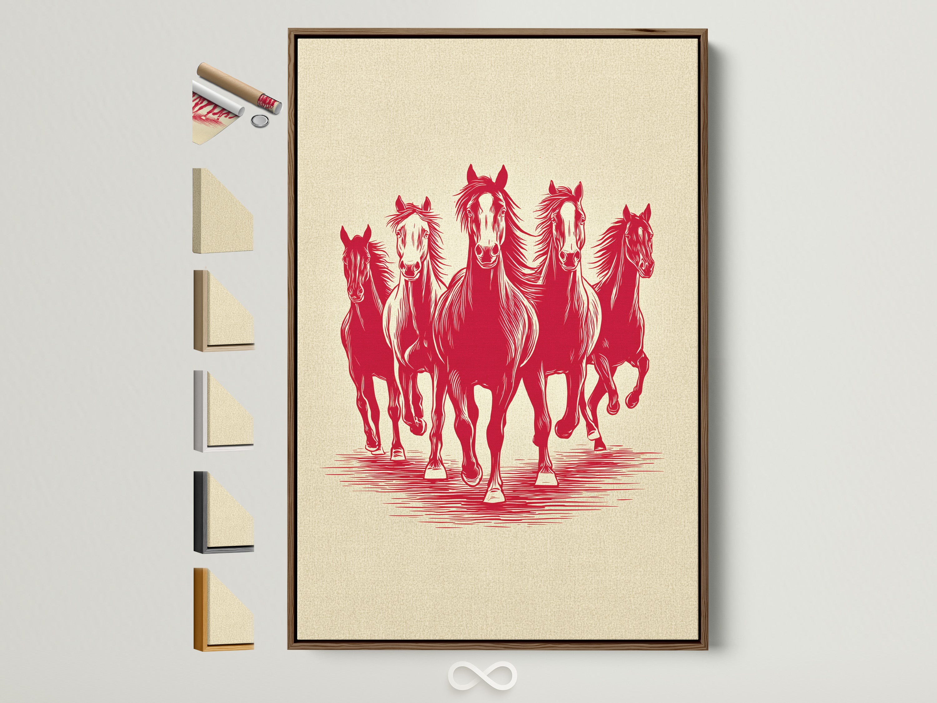 Artwork of running horses is displayed in a brown frame. The art is matted. All available frame options are displayed to the side. Find the perfect frame for your artwork. Many frame choices available.