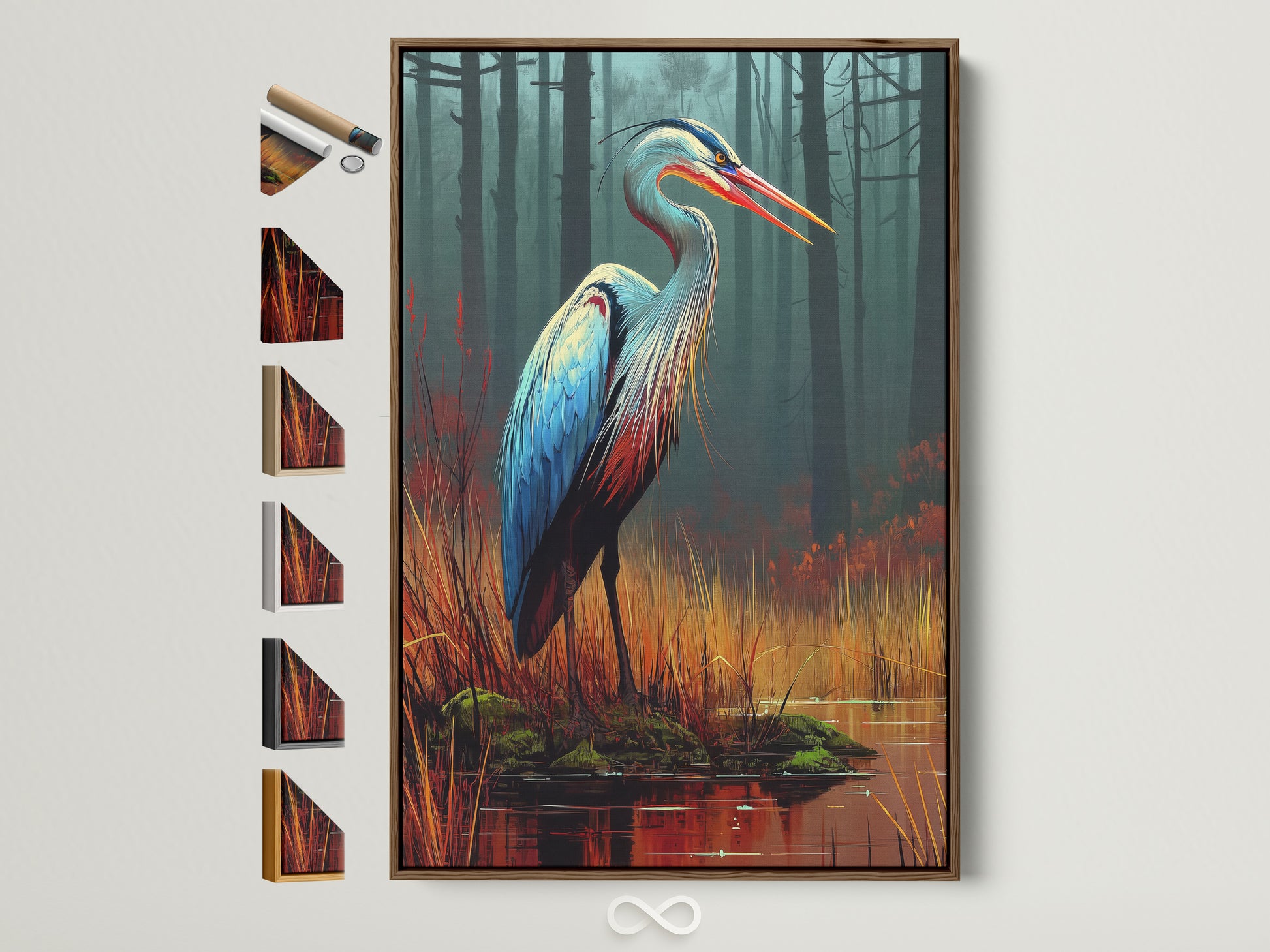 Explore framed heron artwork in a brown frame. Different frame options are displayed. Find the perfect frame to complement your teal and orange bird canvas print. This modern nature artwork elevates any office or home decor. Discover heron art bird canvas prints nature wall art and office art decor.