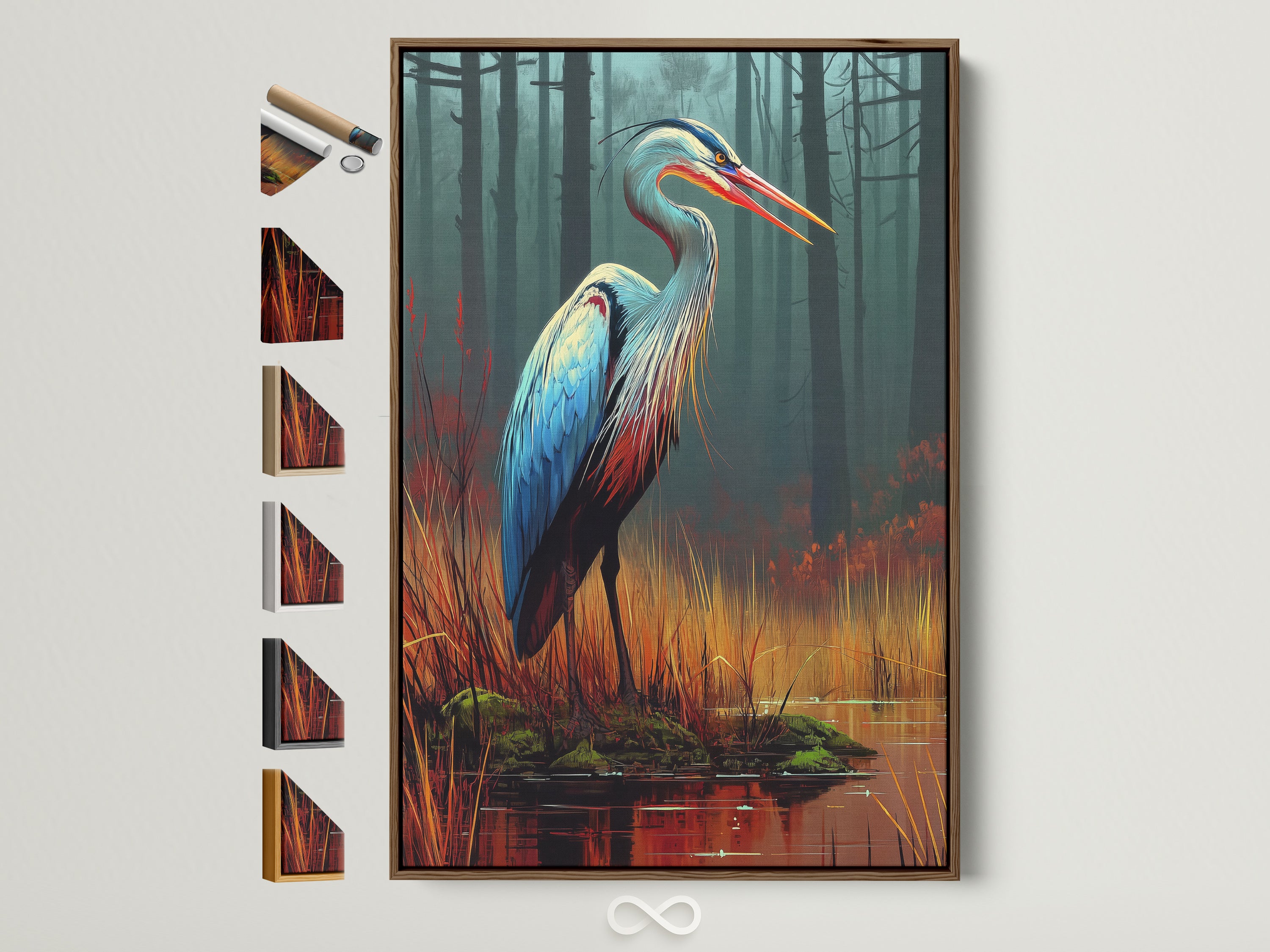 Explore framed heron artwork in a brown frame. Different frame options are displayed. Find the perfect frame to complement your teal and orange bird canvas print. This modern nature artwork elevates any office or home decor. Discover heron art bird canvas prints nature wall art and office art decor.