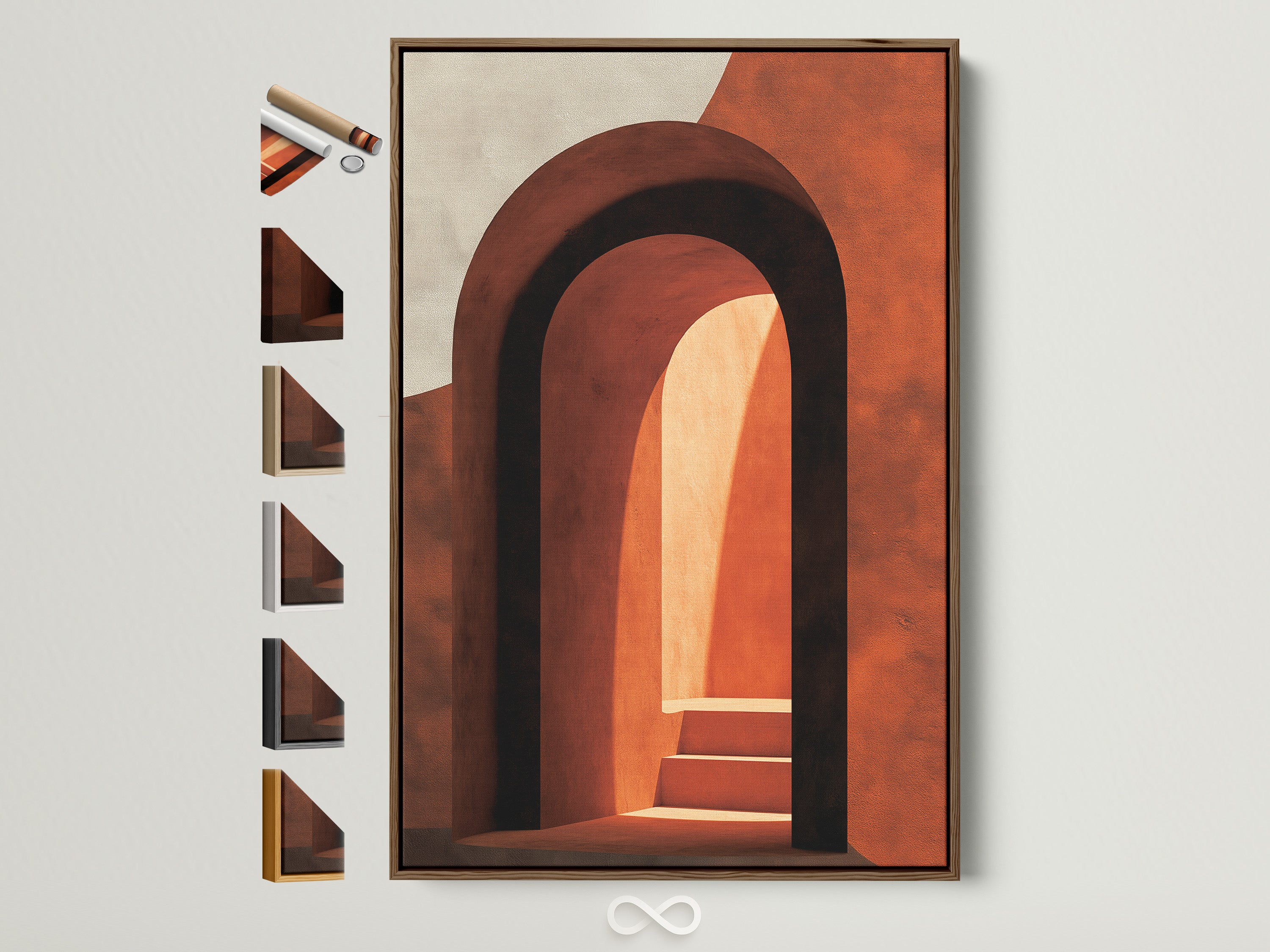 Artwork with a brown frame. The art features arches and steps. Discover framing options to perfectly complement your artwork. Explore various frame styles to enhance your living space.
