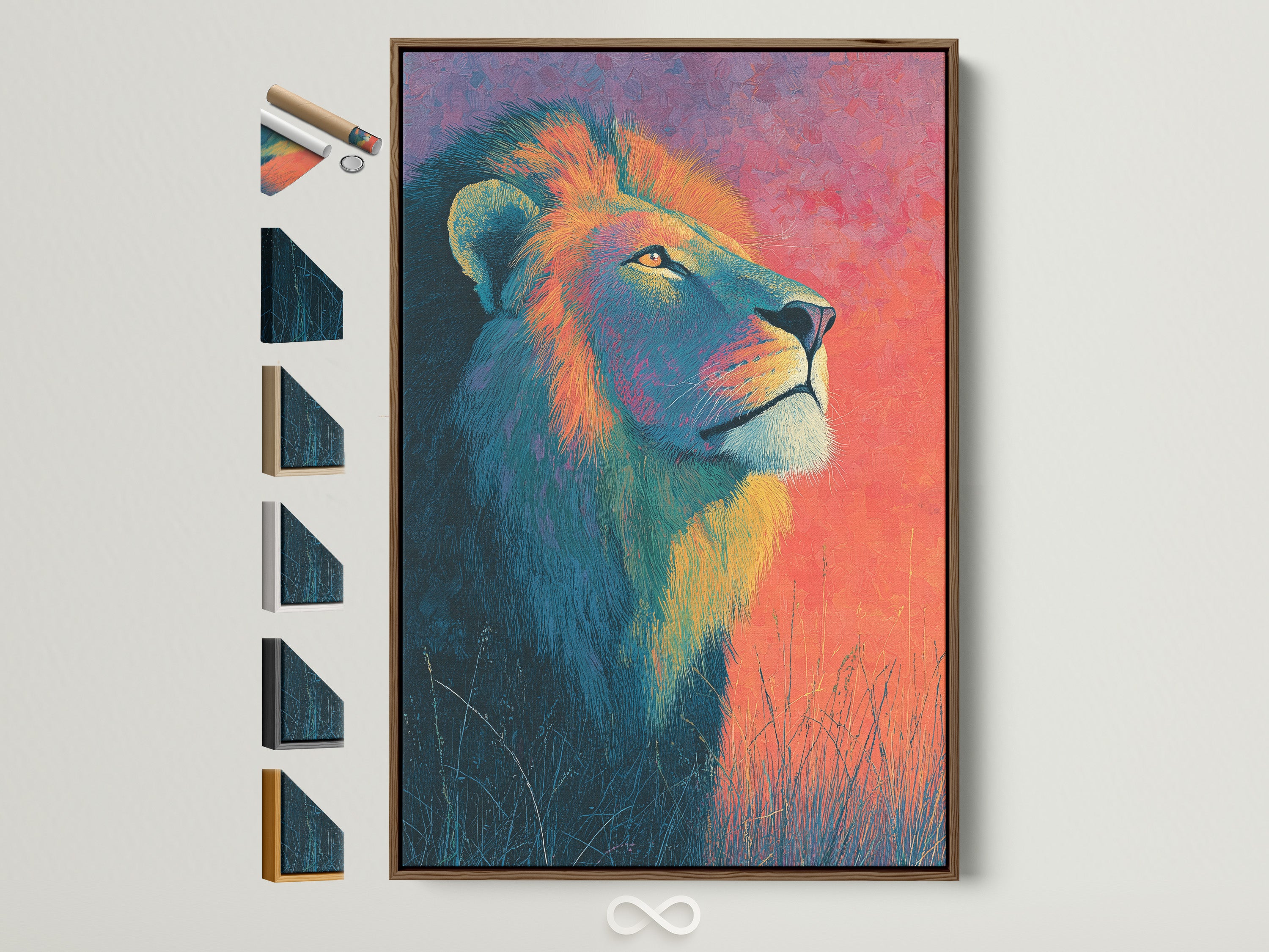 A vibrant lion artwork is displayed in a brown frame. This image showcases all available frame options. See the variety of frame styles. Find the perfect frame to complement your art.