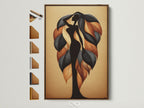 A striking abstract tree art print in a brown frame. The wall art features a silhouette of a woman surrounded by autumn leaves. Various frame options are displayed on the side. This botanical canvas adds modern decor to any bedroom or living space. It is perfect for homeowners and interior enthusiasts alike.