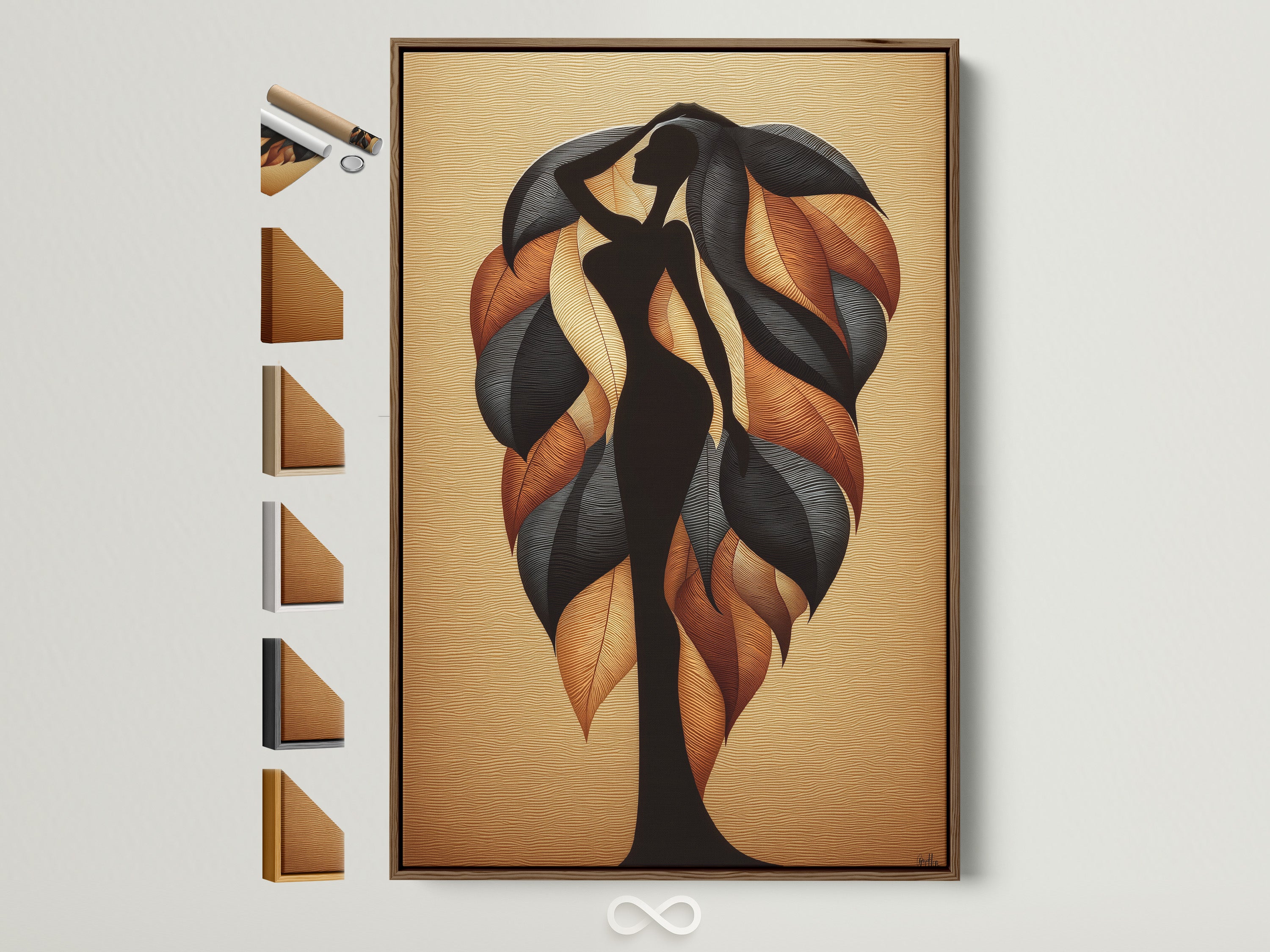 A striking abstract tree art print in a brown frame. The wall art features a silhouette of a woman surrounded by autumn leaves. Various frame options are displayed on the side. This botanical canvas adds modern decor to any bedroom or living space. It is perfect for homeowners and interior enthusiasts alike.