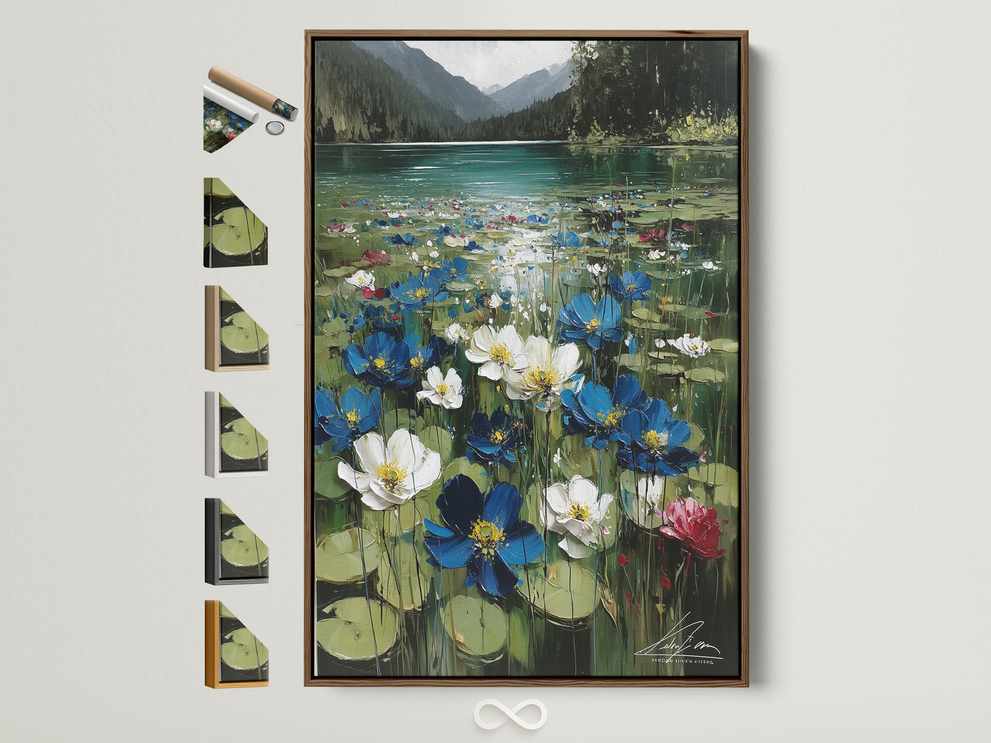 Floral Lake canvas artwork with a brown frame. See all available frame options. Find the perfect frame to complement your floral artwork. Explore a variety of styles and finishes.