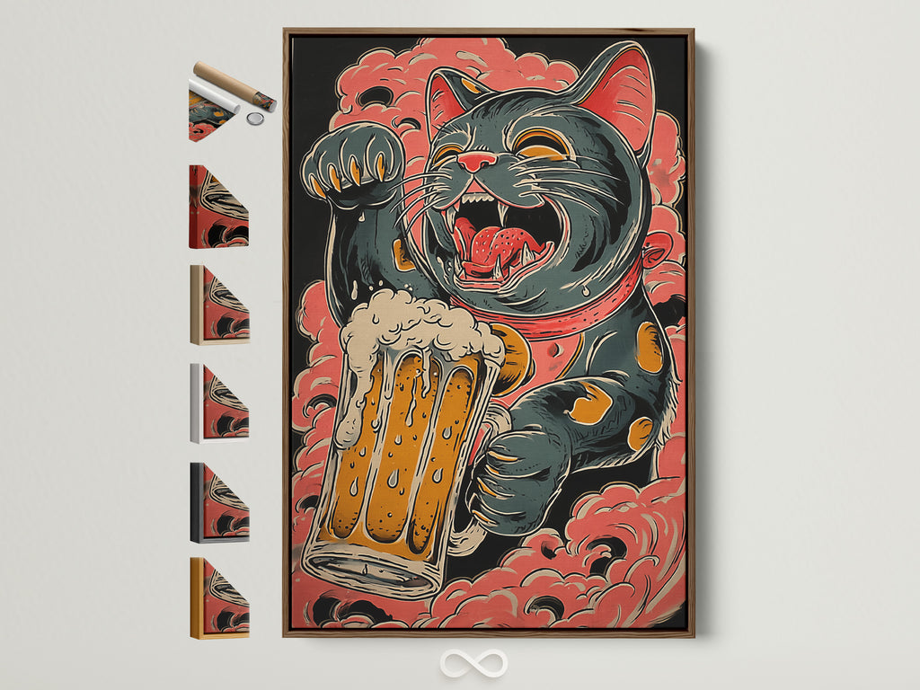 A framed artwork is displayed. The artwork features a cat holding a beer mug. The frame is brown. All available frame options are showcased on the side. Perfect for art lovers.