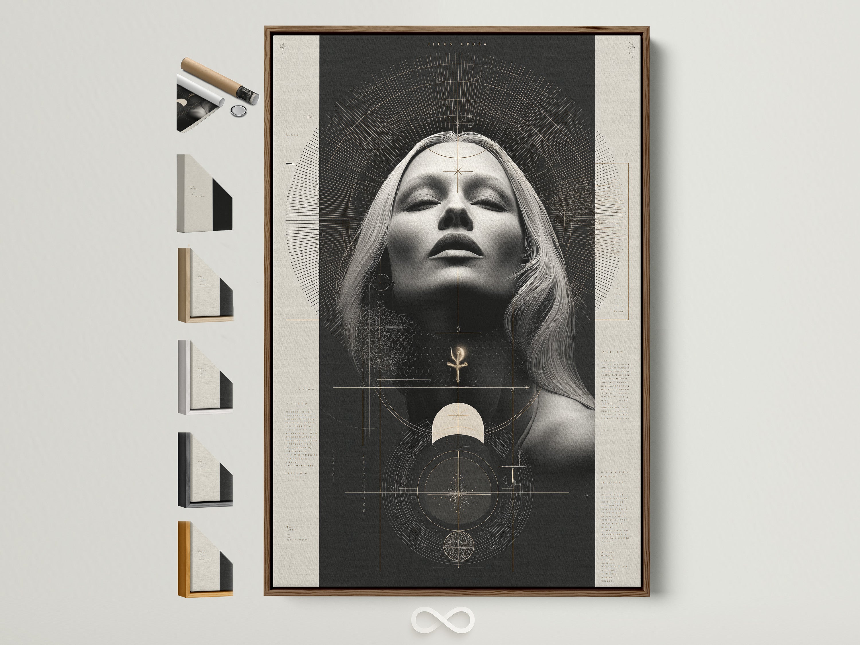 Mystical Woman Portrait artwork in a brown frame. The artwork features sacred geometry and a spiritual boho aesthetic. Perfect wall art for living rooms bedrooms offices yoga studios meditation spaces and minimalist homes. The primary color is black and the secondary color is beige.