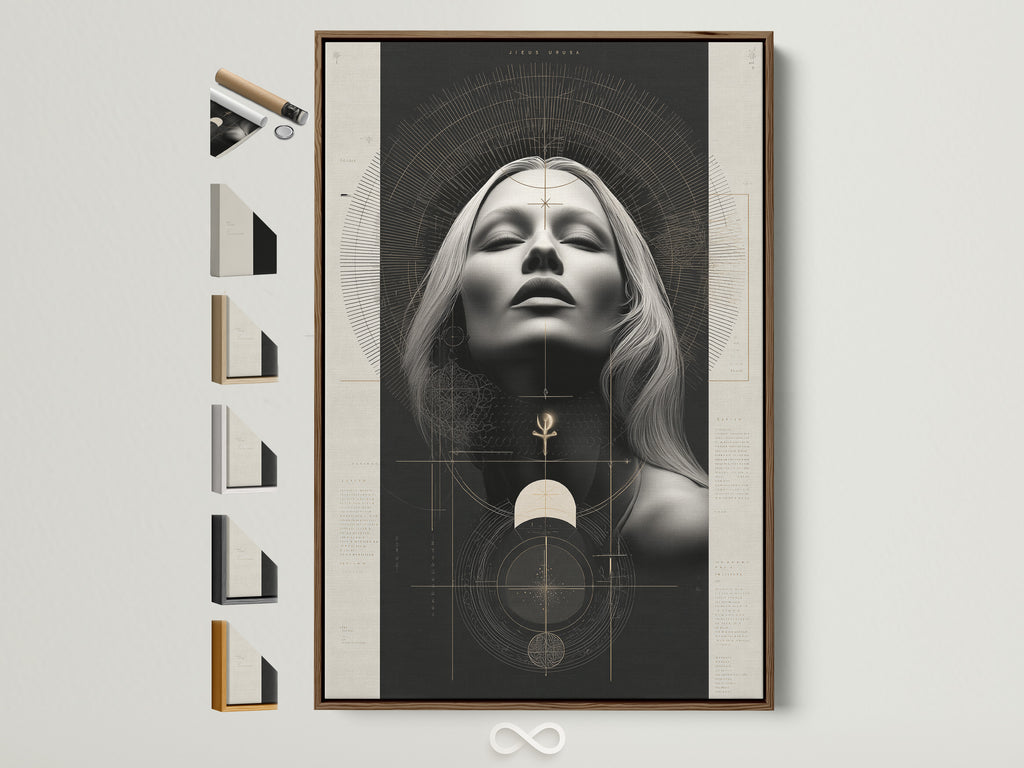 Mystical Woman Portrait artwork in a brown frame. The artwork features sacred geometry and a spiritual boho aesthetic. Perfect wall art for living rooms bedrooms offices yoga studios meditation spaces and minimalist homes. The primary color is black and the secondary color is beige.
