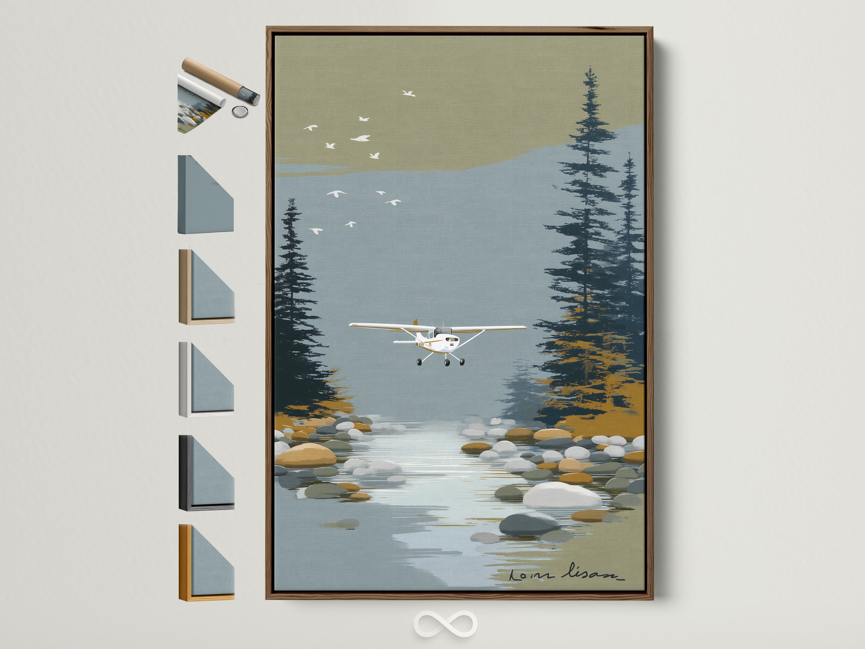 Rustic seaplane artwork in a brown frame. The artwork depicts a vintage airplane flying over a serene lake. Pine trees and smooth rocks line the shore. Discover our frame options for aviation wall art. Perfect lake house wall decor.