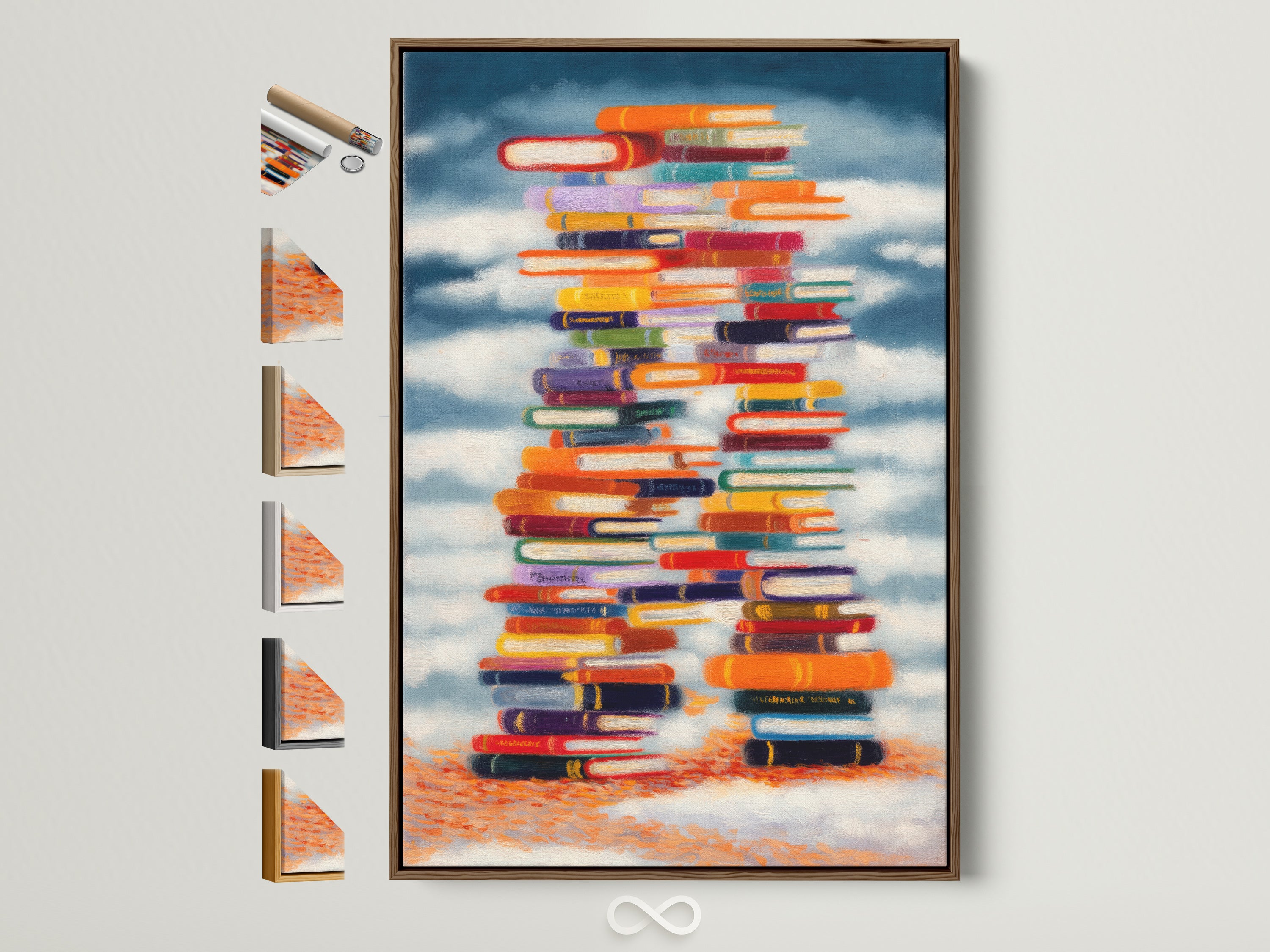 Stacked Books Canvas Print in a brown frame. This colorful book art adds a vintage touch to any library or study room. Explore frame options to customize your academic wall art.