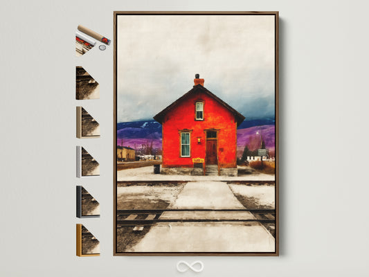 Vintage Americana wall art featuring a red train station. The artwork is framed in a brown frame. Many frame options are displayed on the side. It offers a rustic farmhouse touch perfect for office decor. The print captures a nostalgic train track scene. It evokes a sense of country charm with its vintage building and Americana appeal. A great addition to your Americana art collection.