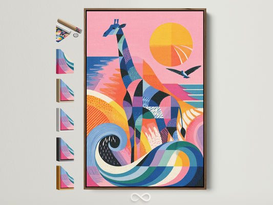 Artwork in a brown frame. View the side to see all frame options. The artwork is colorful. It features a giraffe a bird and a sunset. This framed piece will enhance any room in your home.