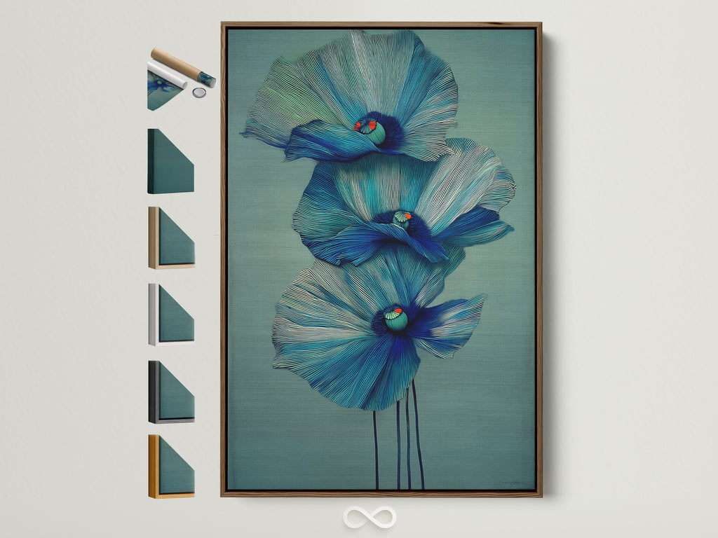 Explore frame options for your blue floral canvas print. See a brown frame showcasing modern botanical wall art. Discover teal flower artwork perfect for bedroom decor. Find the ideal frame to complement your aesthetic vision