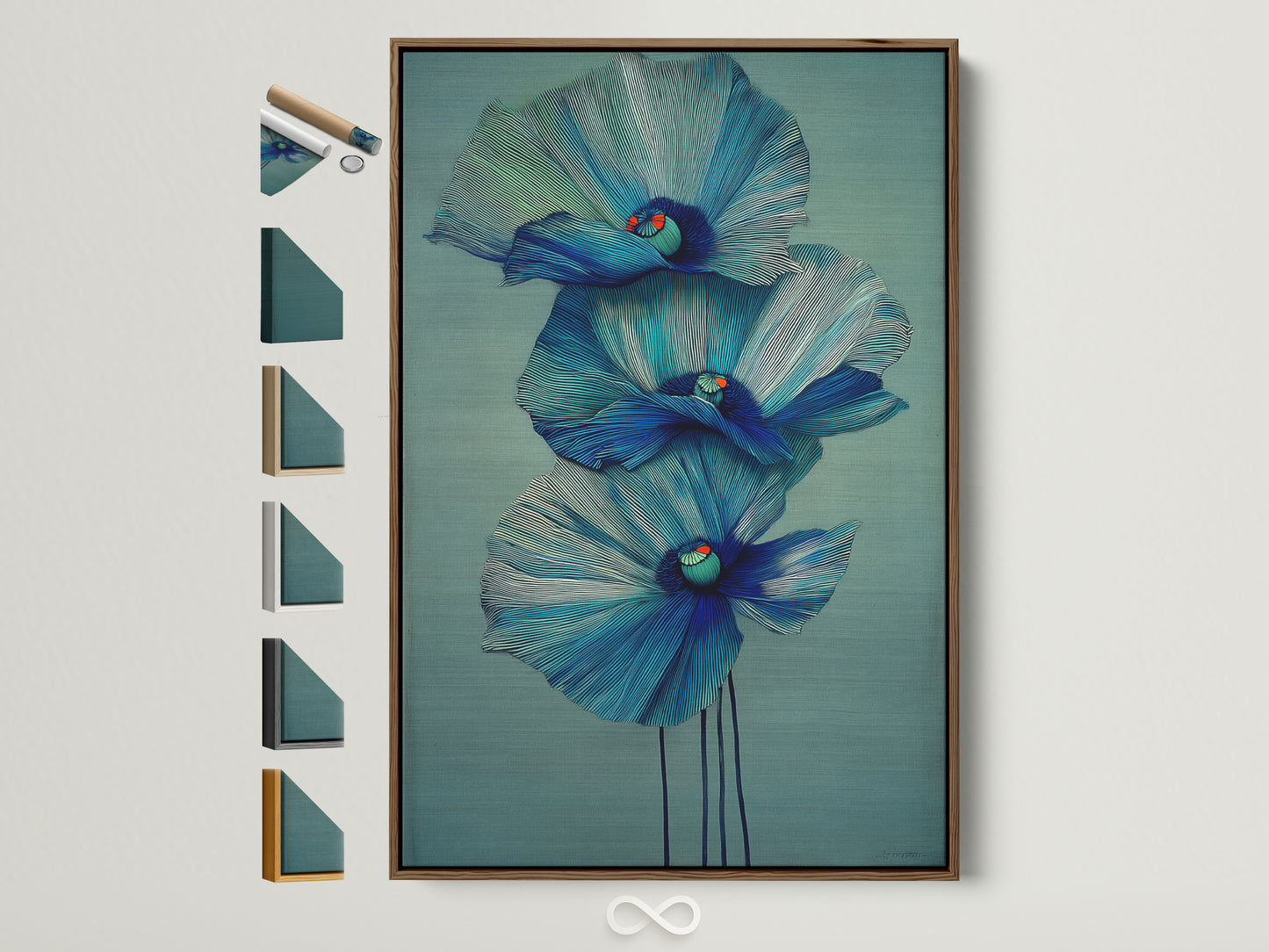 Explore frame options for your blue floral canvas print. See a brown frame showcasing modern botanical wall art. Discover teal flower artwork perfect for bedroom decor. Find the ideal frame to complement your aesthetic vision
