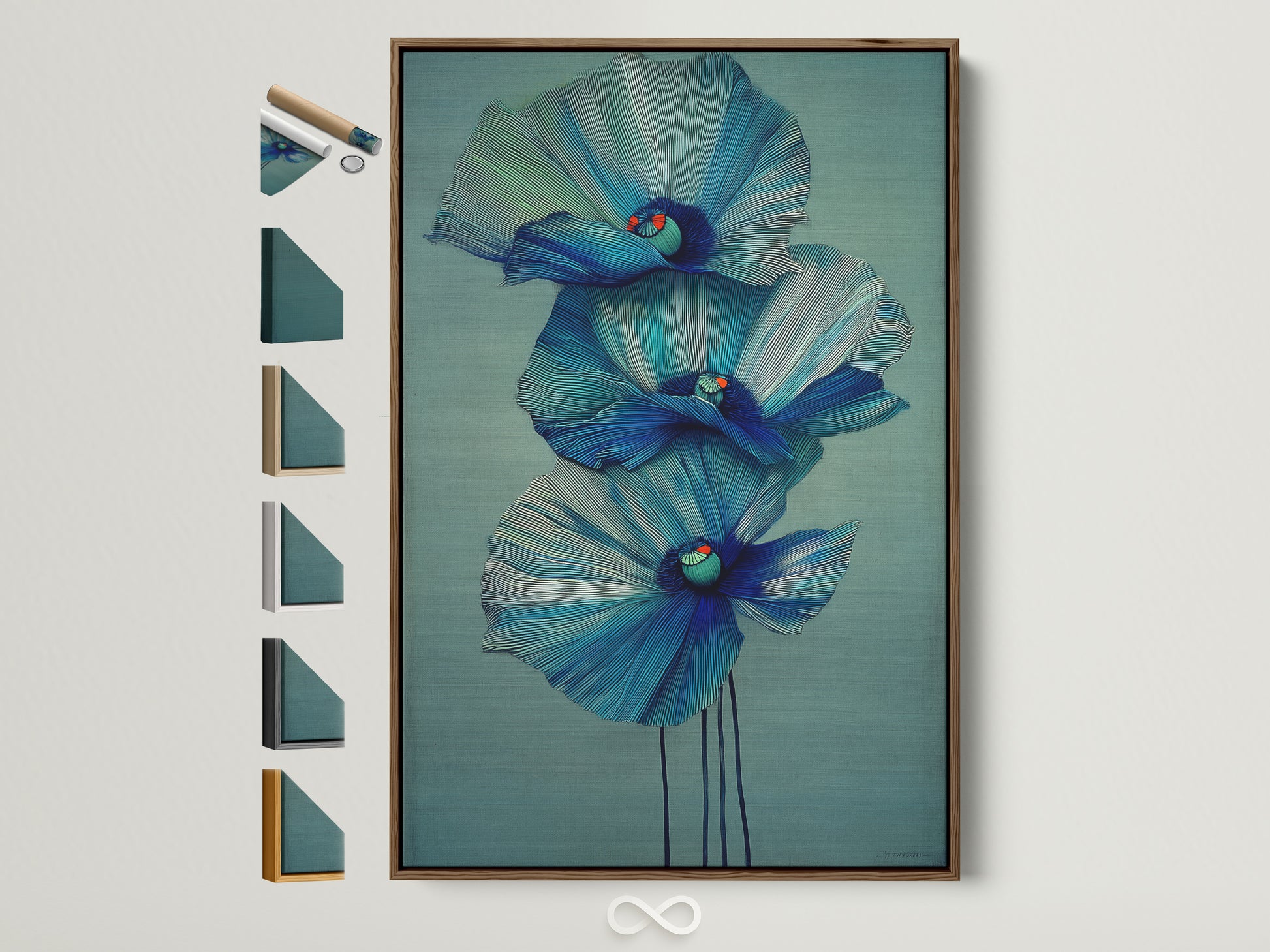Explore frame options for your blue floral canvas print. See a brown frame showcasing modern botanical wall art. Discover teal flower artwork perfect for bedroom decor. Find the ideal frame to complement your aesthetic vision