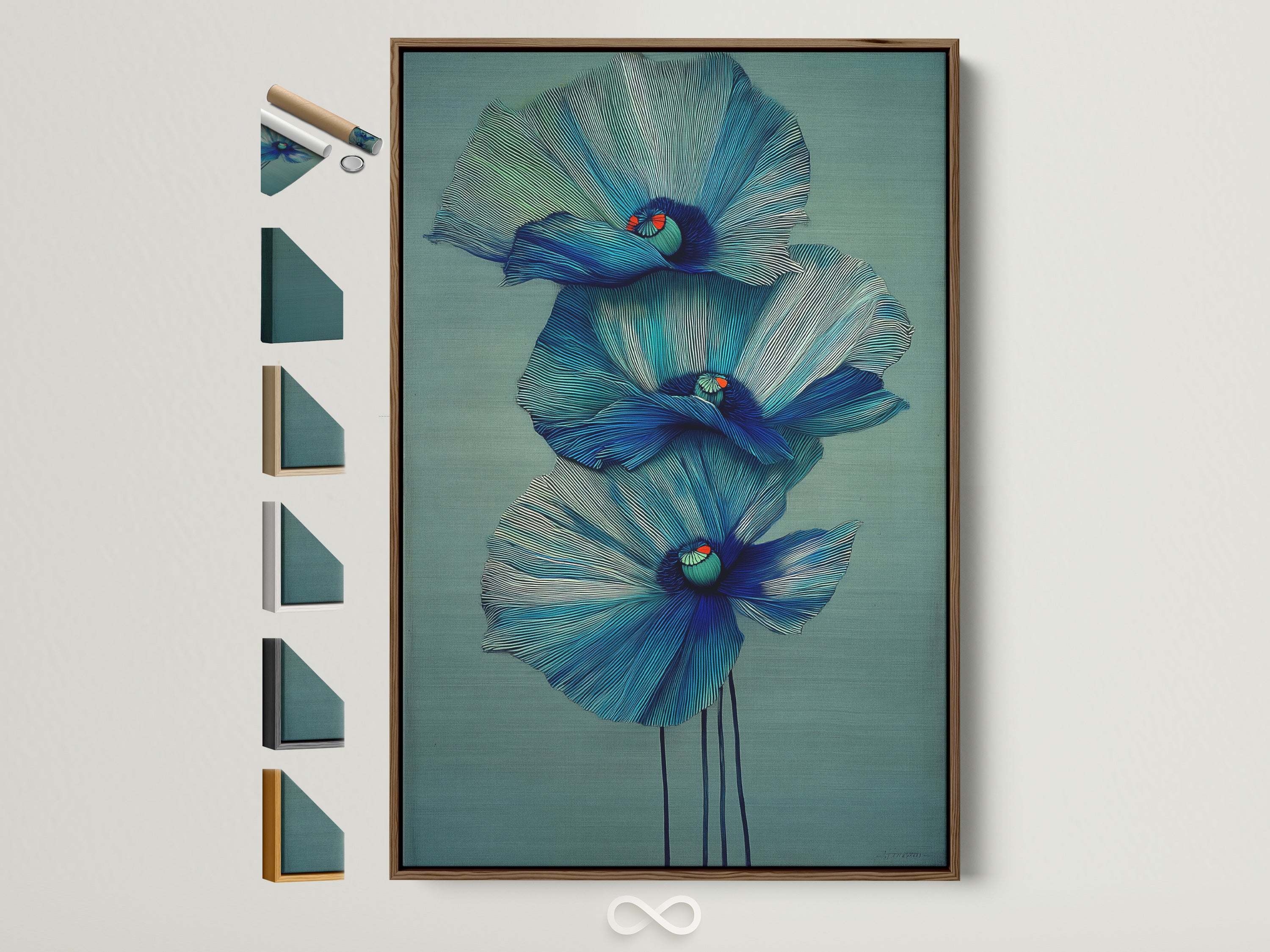 Explore frame options for your blue floral canvas print. See a brown frame showcasing modern botanical wall art. Discover teal flower artwork perfect for bedroom decor. Find the ideal frame to complement your aesthetic vision