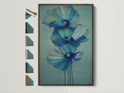 Explore frame options for your blue floral canvas print. See a brown frame showcasing modern botanical wall art. Discover teal flower artwork perfect for bedroom decor. Find the ideal frame to complement your aesthetic vision