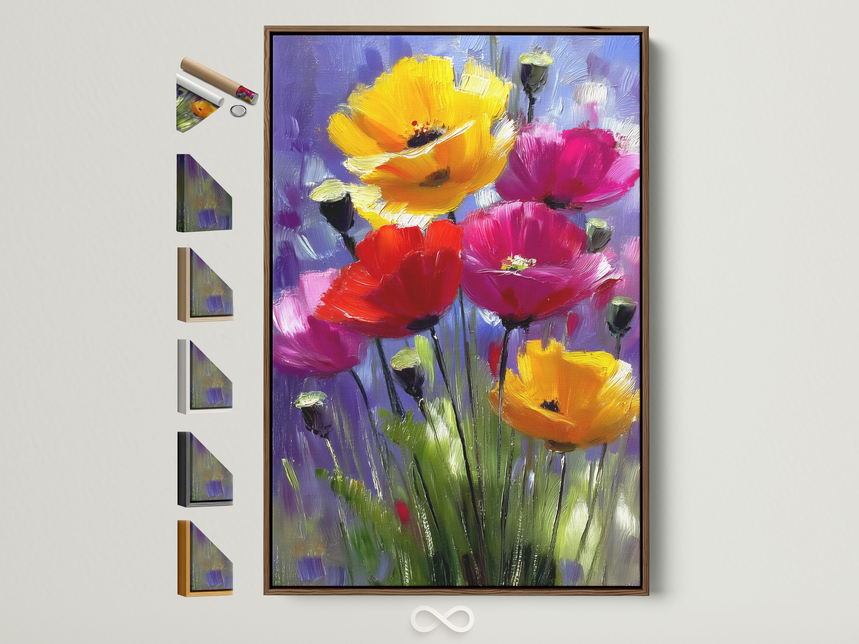 Artwork featuring vibrant flowers in a brown frame. The frame is displayed with various frame options available. Explore different framing choices to complement your art. This showcases the range of styles for your artwork.