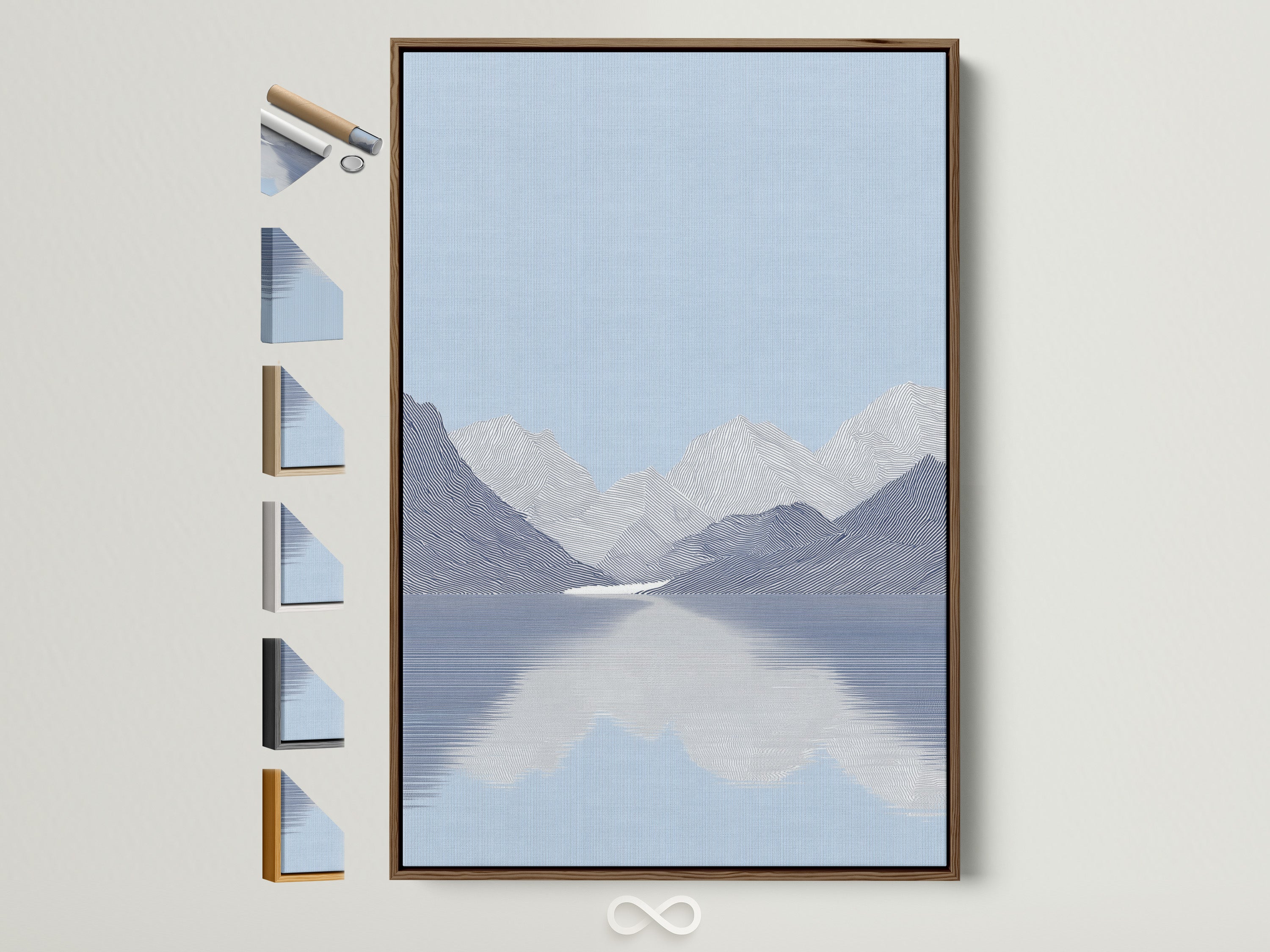 Artwork with a brown frame is displayed with frame options. The artwork features a serene lake and mountain scene. The art is framed in various styles. Explore framing options for your artwork. Find the perfect frame to complement your style.