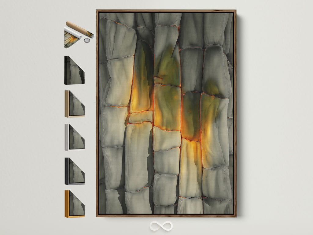 A framed piece of artwork hangs on a wall. The brown frame complements the art. All frame options are displayed to the side. It showcases the versatility in framing choices. A perfect way to visualize different styles.