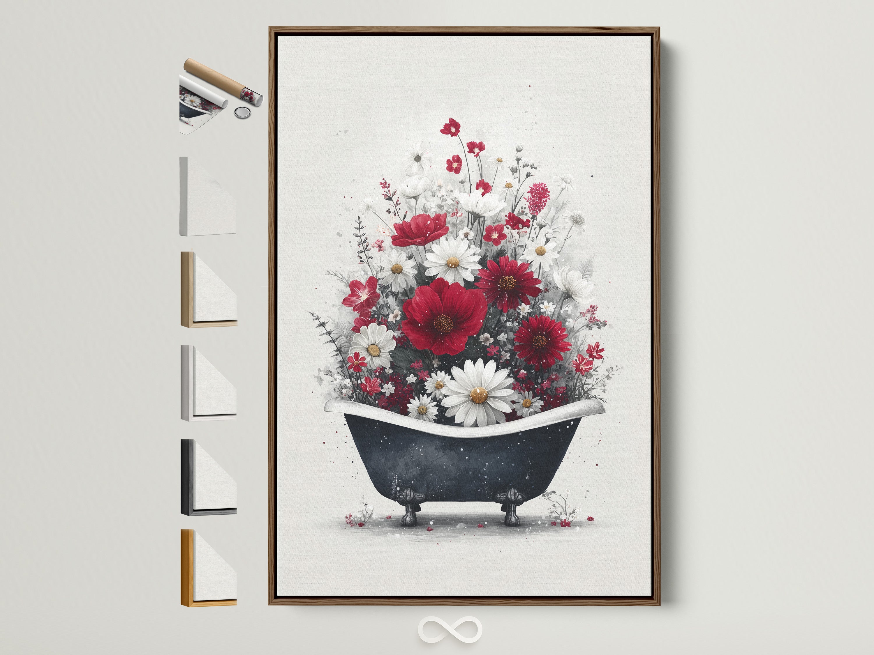 A framed floral bathtub artwork graces a white wall. The artwork features red and white flowers in a vintage bathtub. The frame is a light brown wood offering a rustic touch. Other frame options are visible beside the displayed artwork. This piece elevates farmhouse wall art and cottagecore decor.