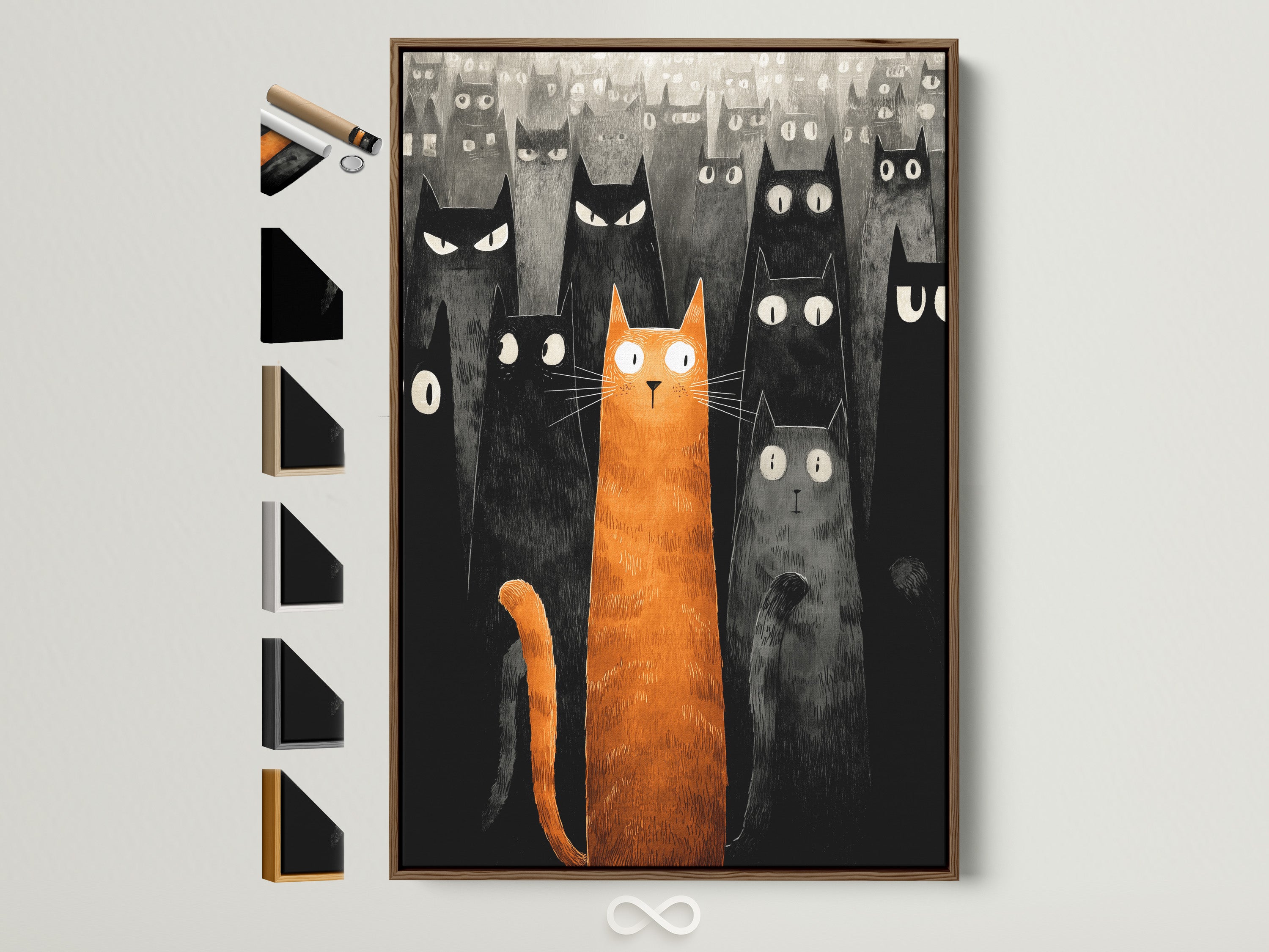 Explore framed artwork options. See a variety of frame styles and colors displayed side by side. Find the perfect frame to complement your art print. Options include wood frames and metal frames. Enhance your artwork today