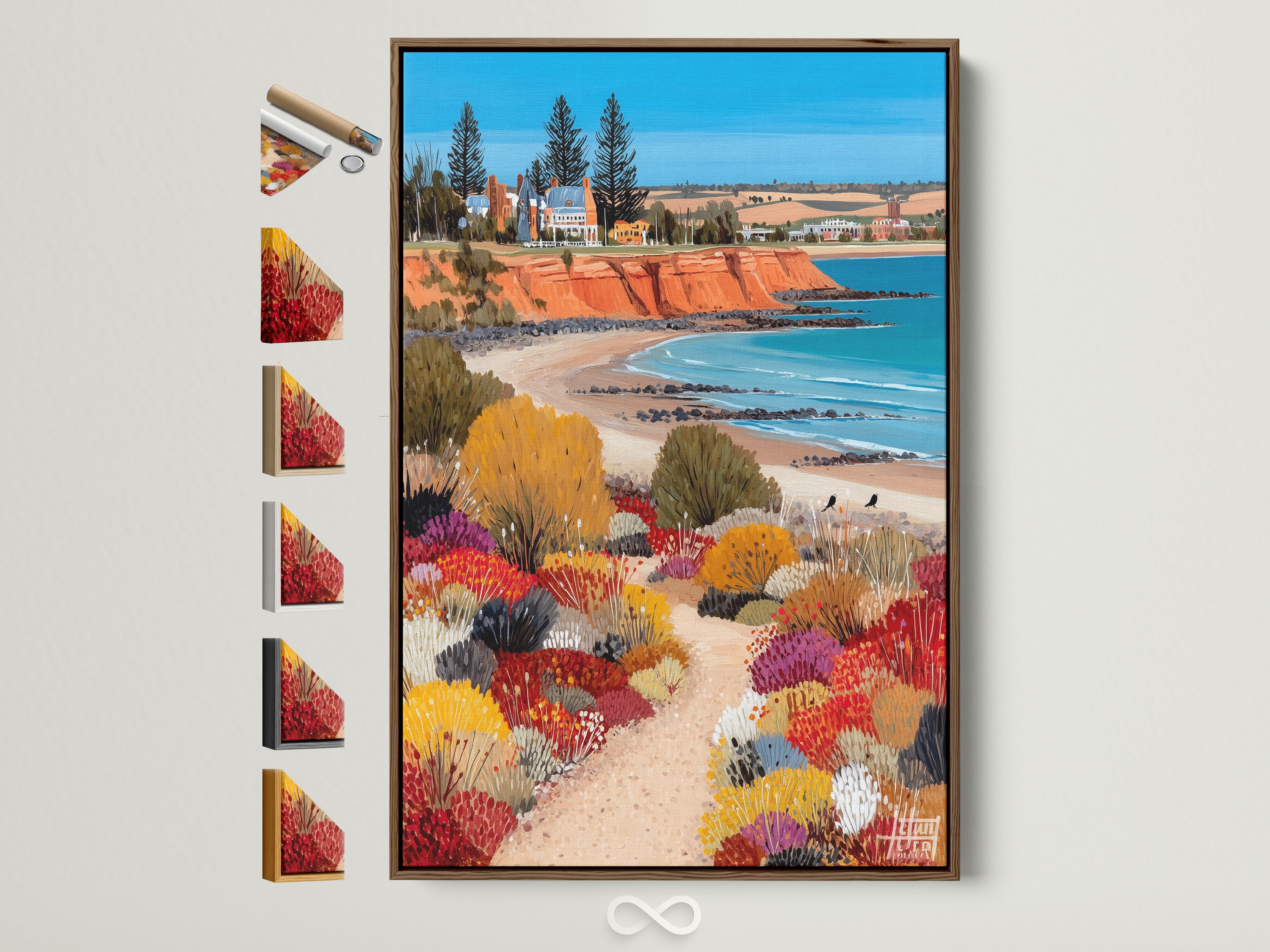 Coastal landscape artwork in a brown frame. This Australian beach wall art features colorful seascape artwork. The art piece is displayed with all available frame options shown. Perfect for adding a beachy touch to your home decor. Elevate your space with this vibrant coastal artwork today.