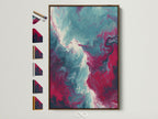 A captivating abstract fluid art print in a brown frame is displayed. The artwork showcases a mesmerizing blend of teal and pink hues. Frame options are visible offering a glimpse into customization. Perfect contemporary marble swirl decor for adding a touch of modern sophistication to your bedroom or living space.