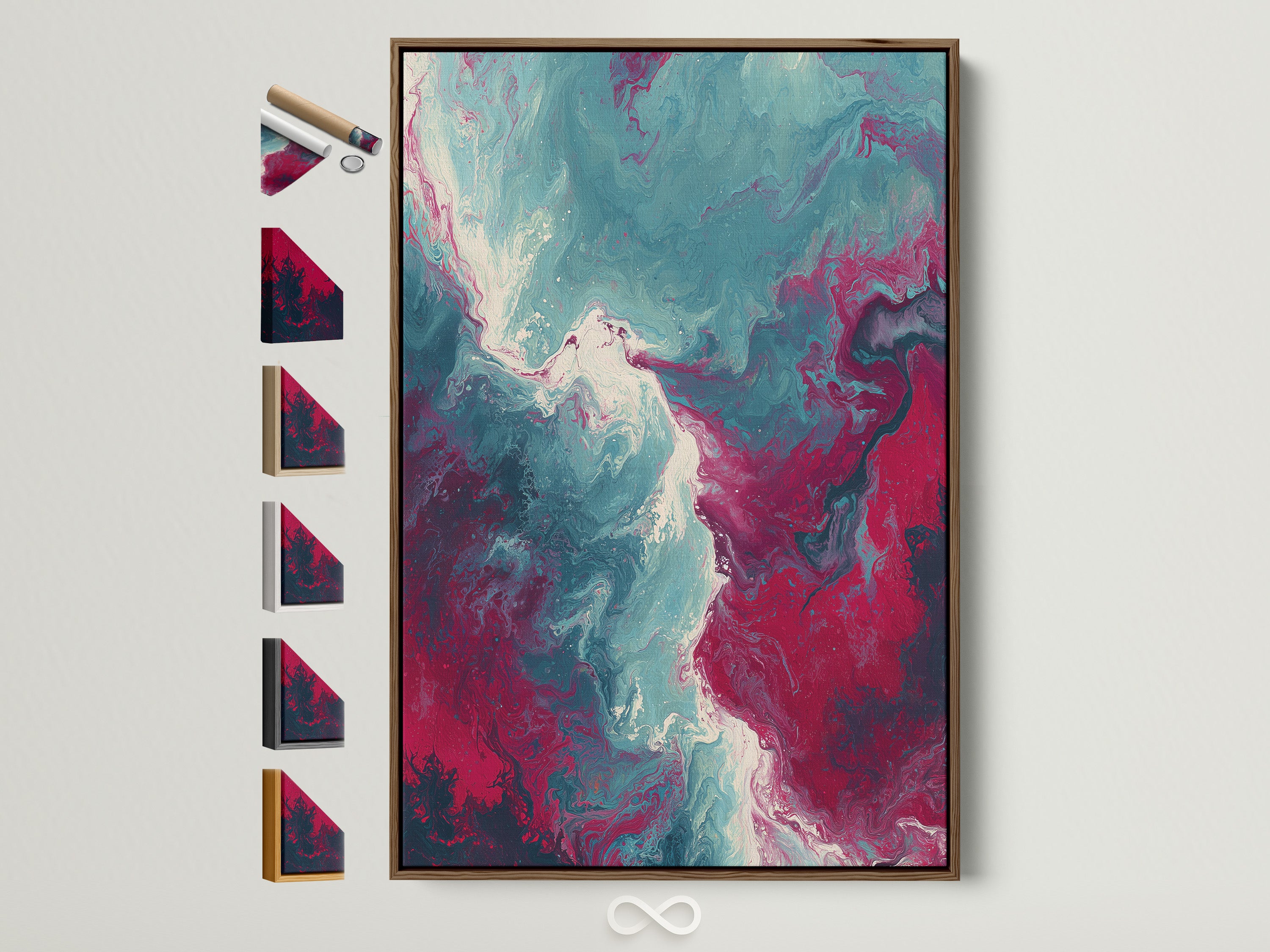 A captivating abstract fluid art print in a brown frame is displayed. The artwork showcases a mesmerizing blend of teal and pink hues. Frame options are visible offering a glimpse into customization. Perfect contemporary marble swirl decor for adding a touch of modern sophistication to your bedroom or living space.