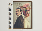 Vintage portrait art featuring a couple with floral crowns. The artwork is displayed in a brown frame. Various frame options are showcased beside it. A perfect piece of vintage home decor. Elevate your space with this romantic wall art option.