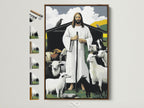A framed artwork hangs on a white wall. The artwork depicts Jesus with sheep. Various frame options are displayed on the side. Consider different frame styles. Enhance your art with our framing choices. Find the perfect match for your artwork.