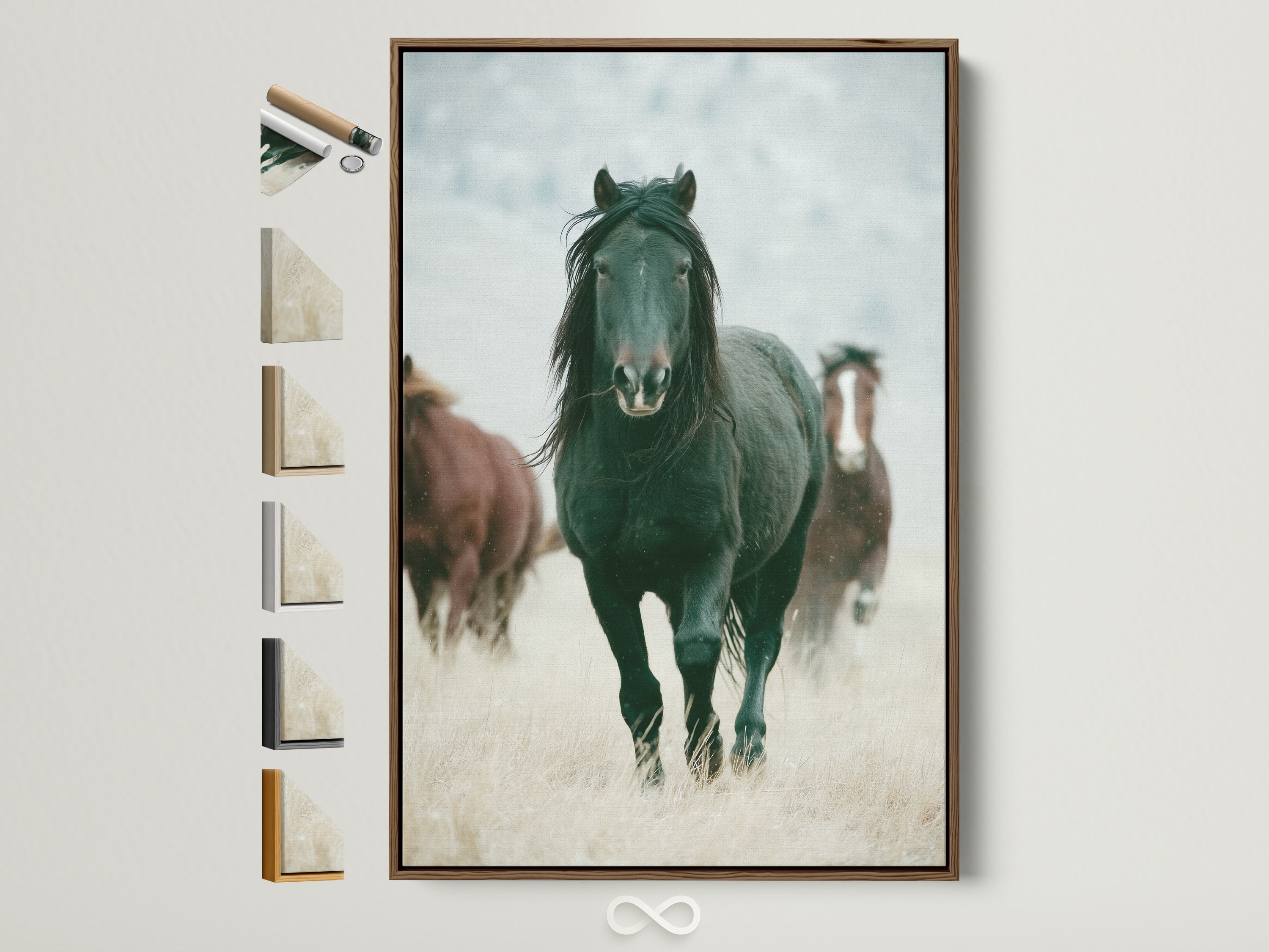 Wild horses artwork in a light brown frame. The frame is displayed with all available frame options. This rustic artwork adds a touch of the Wild West to any room. Perfect for living rooms bedrooms or offices seeking a country or farmhouse style. This artwork is great for ranchers or anyone that appreciates wildlife art.