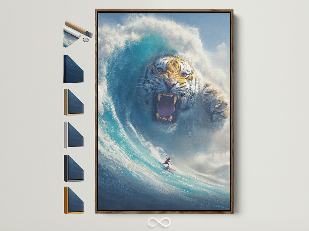 Surreal tiger wave art in a brown frame. A surfer rides a blue ocean wave. The tiger is a fantasy animal. All frame options are displayed on the side. Perfect mystical canvas art for coastal style decor.
