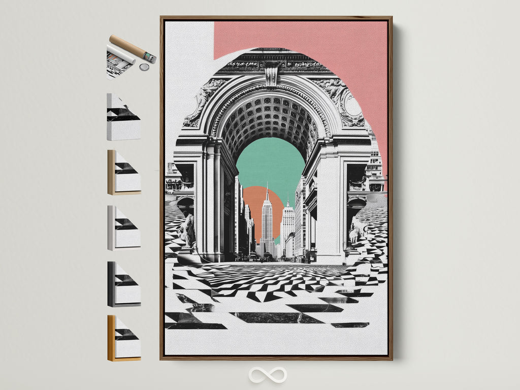 Retro New York Arch artwork with a brown frame. See all our frame options for this cityscape print. It is perfect for modern or eclectic office wall art. Find the perfect frame to complement your decor today