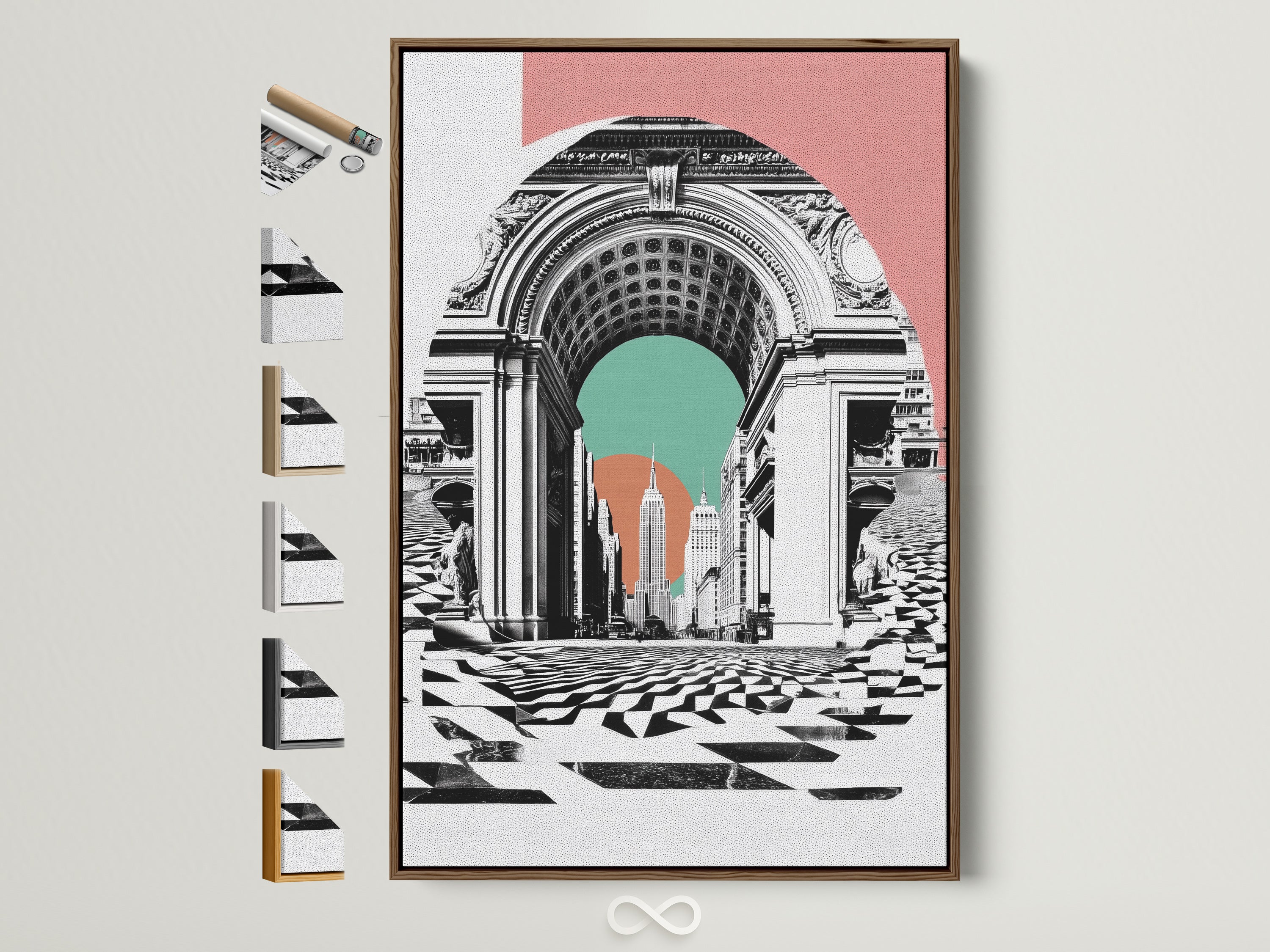Retro New York Arch artwork with a brown frame. See all our frame options for this cityscape print. It is perfect for modern or eclectic office wall art. Find the perfect frame to complement your decor today