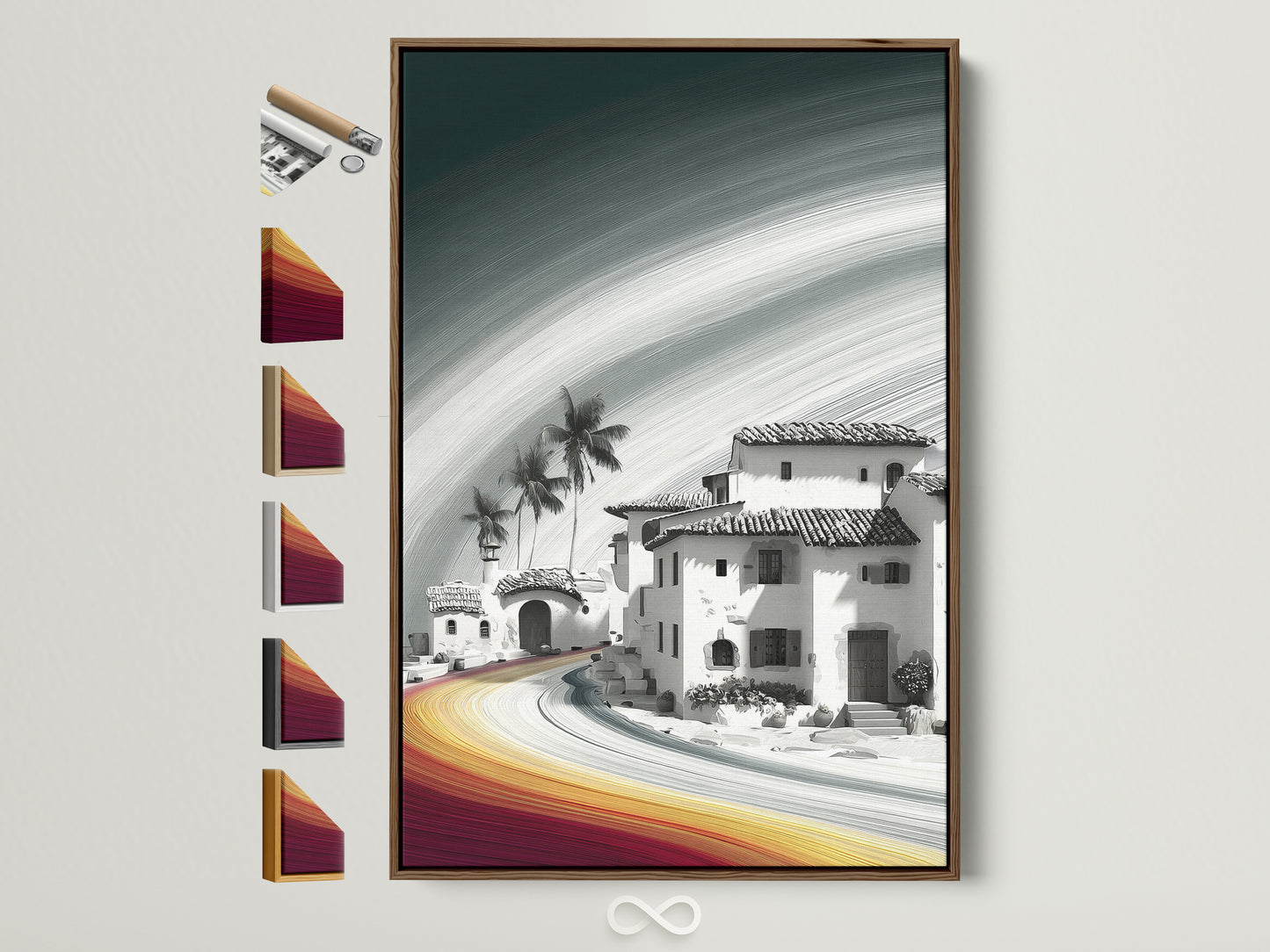 Coastal Village artwork is displayed in a brown frame. This frame offers a warm and natural aesthetic. See all available frame options to customize your Mediterranean architecture wall art. Find the perfect frame to complement your home decor style today.