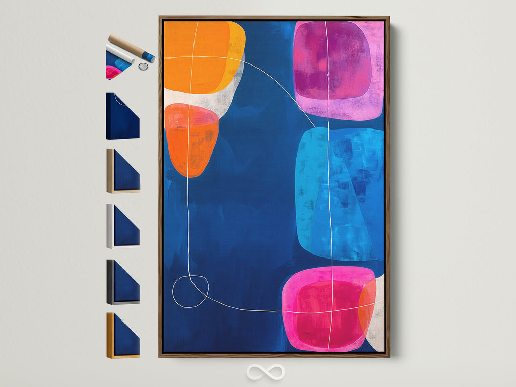 Abstract Geometric Canvas Art in a Brown Frame. See all available frame options. The artwork features a navy blue background with pink orange and blue geometric shapes. Ideal for modern office wall decor or contemporary art spaces. This vibrant art print adds color to any room