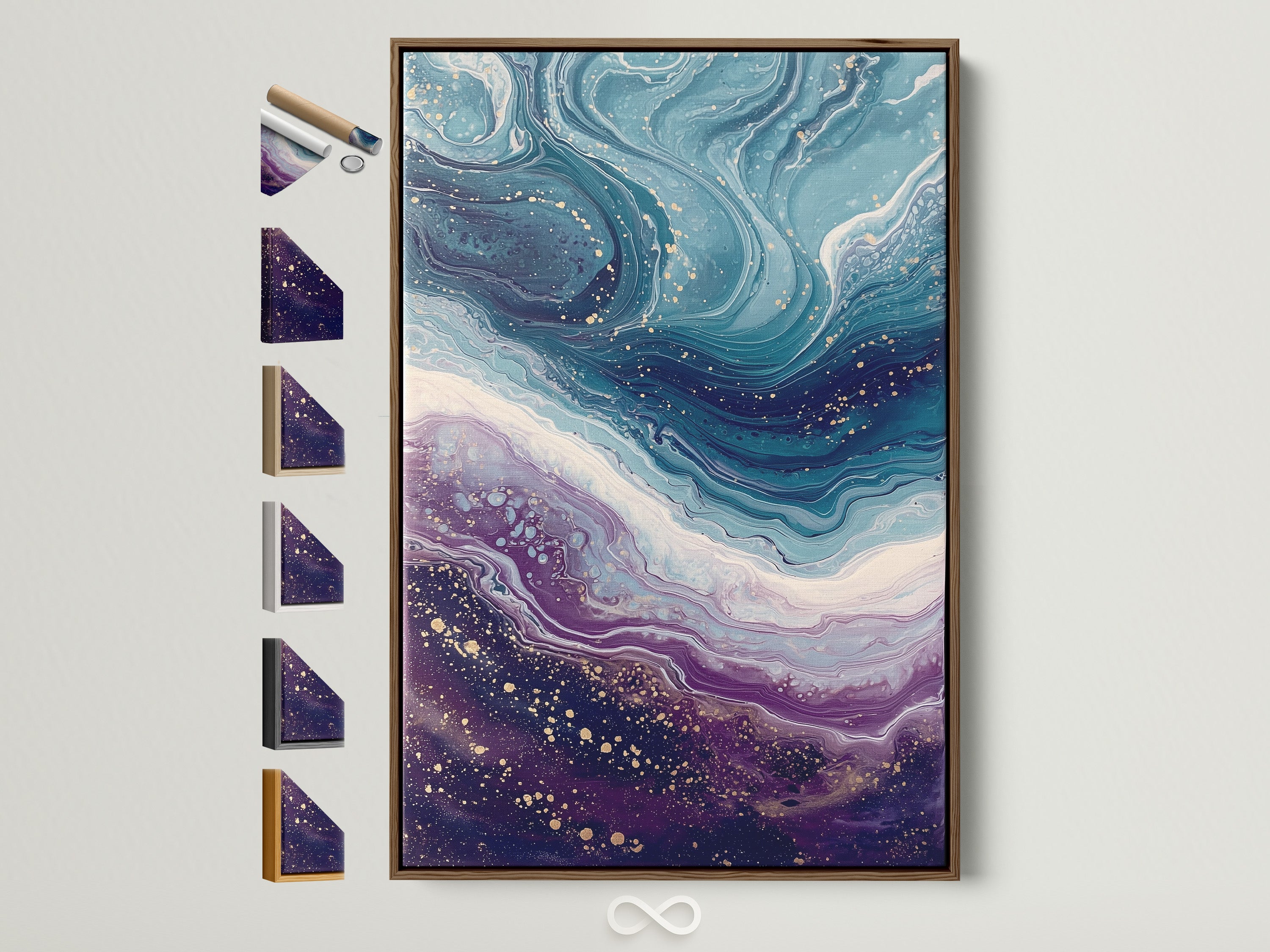 Abstract Ocean Wave artwork with teal and purple hues. It features a brown frame. Various frame options are displayed beside it. Ideal coastal decor for a modern living space. This contemporary piece enhances any room with its fluid art style. Discover this wall art to elevate your home decor today