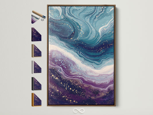 Abstract Ocean Wave artwork with teal and purple hues. It features a brown frame. Various frame options are displayed beside it. Ideal coastal decor for a modern living space. This contemporary piece enhances any room with its fluid art style. Discover this wall art to elevate your home decor today
