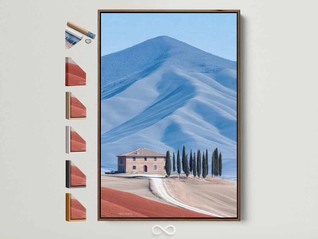 Tuscany Landscape artwork in a brown frame. Various frame options are displayed beside it. This Italian countryside wall art brings a touch of farmhouse scenery. Perfect nature photography for home decor. It enhances rustic and Tuscan styles adding neutral tone art to your living space