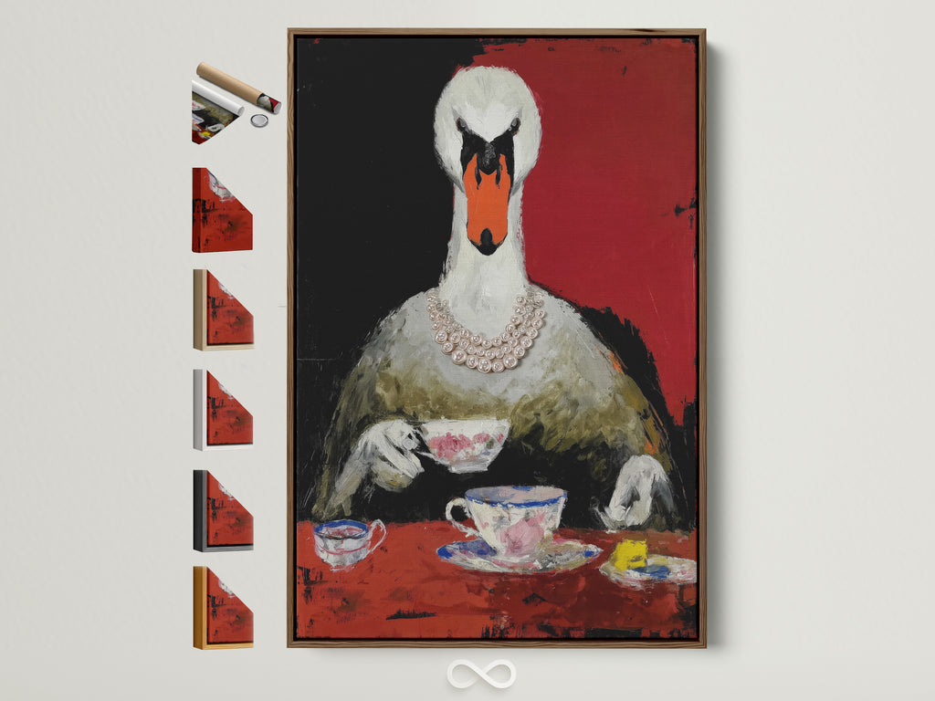 Swan Tea Party art print in a brown frame. This whimsical animal wall art features a surreal bird having tea. The artwork is displayed with various frame options. Perfect dining room decor. A quirky and elegant addition to any home.