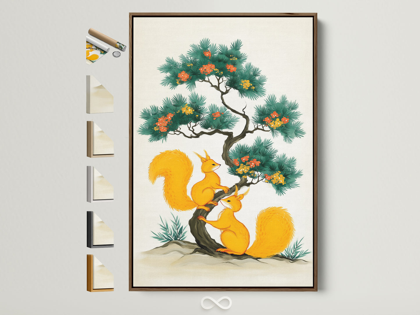 A charming Asian-style squirrel art print is displayed. The artwork is showcased in a light brown frame. This frame is one of the available frame options. Perfect animal artwork for playroom decor. It adds a touch of nature to any room.