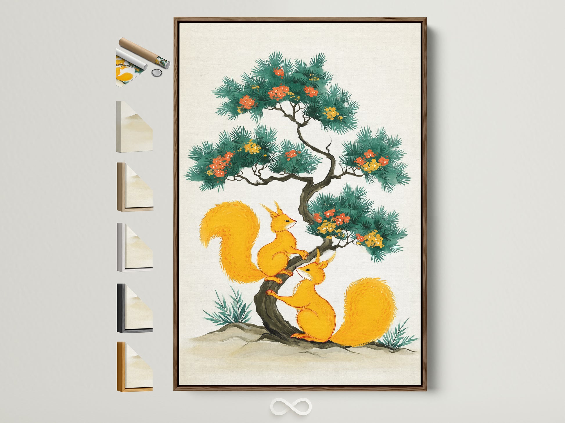 A charming Asian-style squirrel art print is displayed. The artwork is showcased in a light brown frame. This frame is one of the available frame options. Perfect animal artwork for playroom decor. It adds a touch of nature to any room.