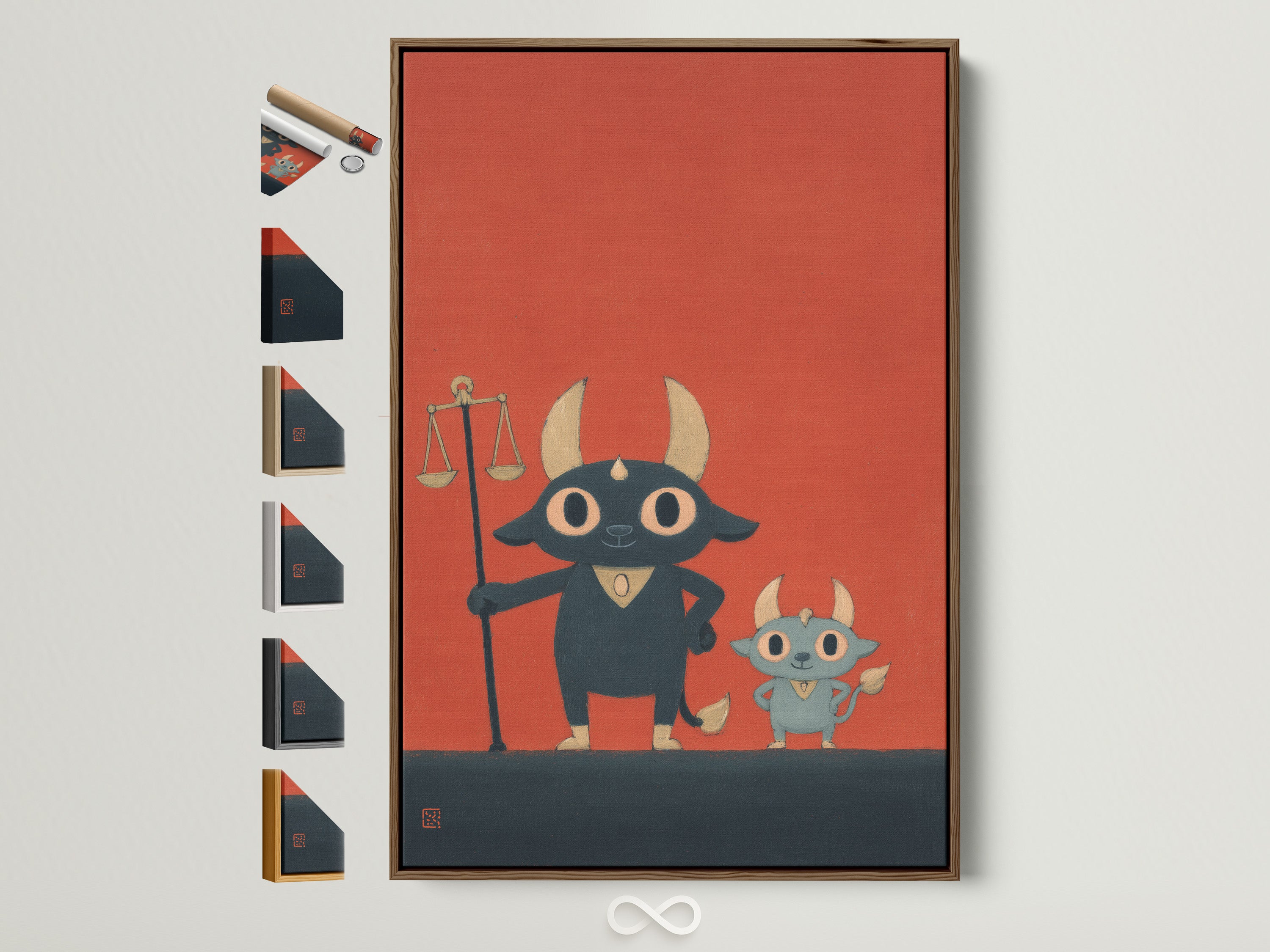 A framed Justice Bull art print is displayed. The frame is brown. Other frame options are visible on the side. This is a cute legal wall art piece. It's ideal for law office decor. It makes a great lawyer gift. The cartoon animal canvas adds a playful touch.