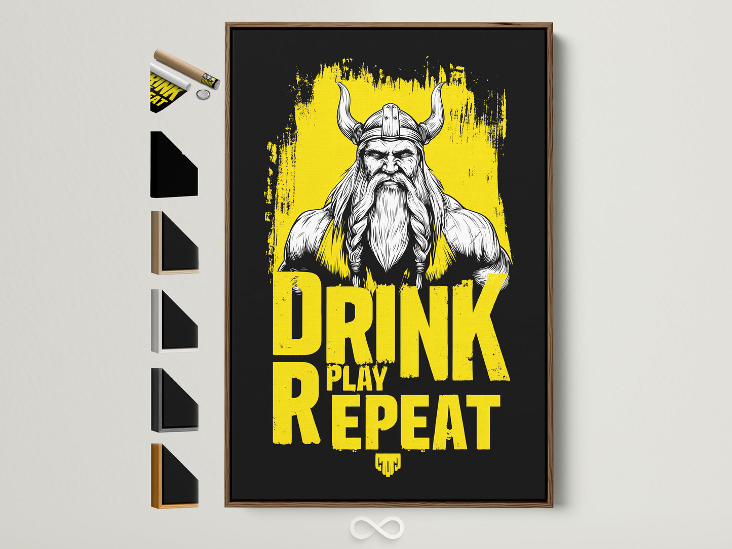 A framed Viking Warrior Canvas Print is showcased. The artwork features a Nordic mythology theme perfect for man cave decor. Various frame options are displayed alongside it. This allows viewers to see the range of choices available for this canvas art.