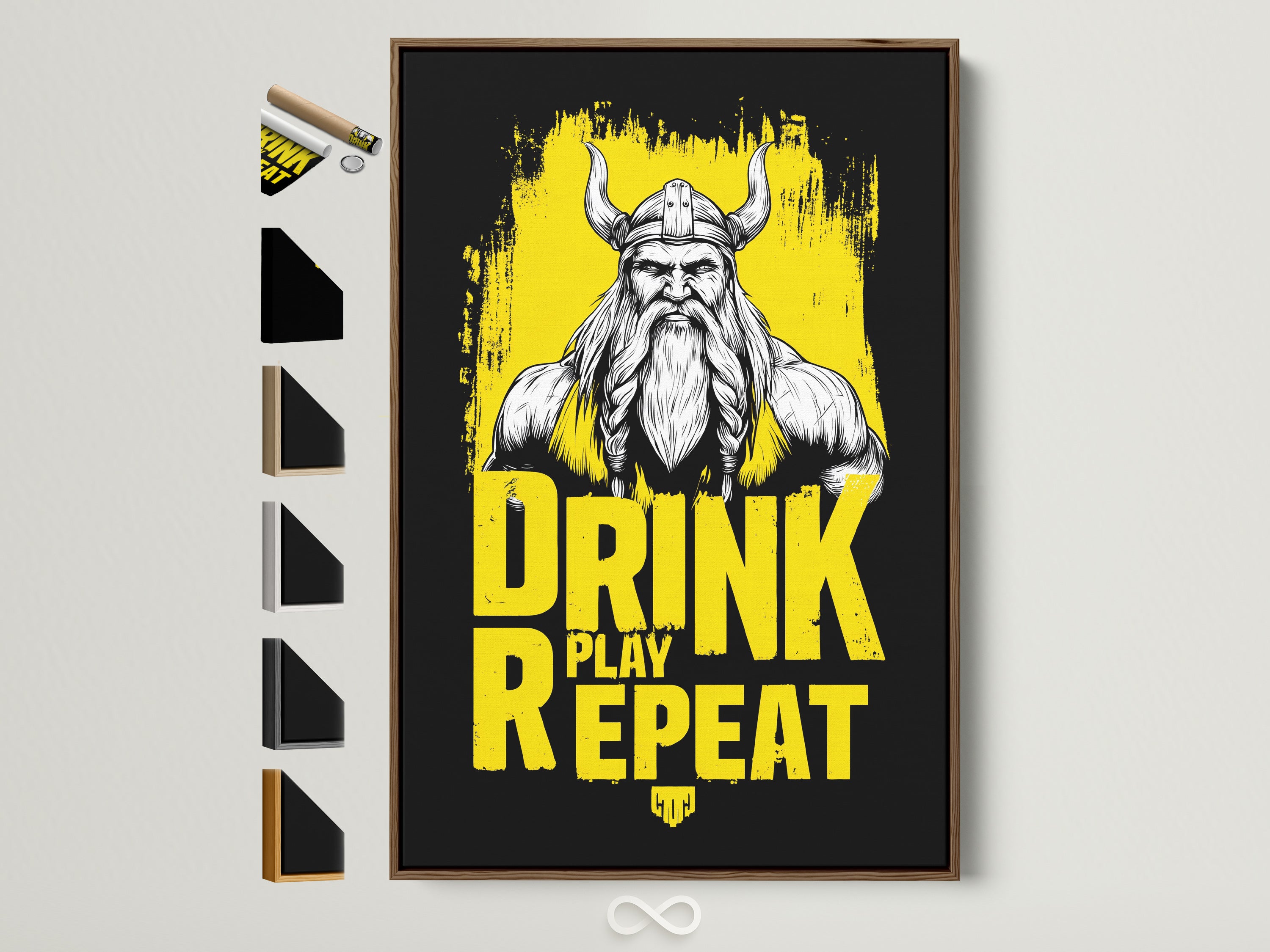 A framed Viking Warrior Canvas Print is showcased. The artwork features a Nordic mythology theme perfect for man cave decor. Various frame options are displayed alongside it. This allows viewers to see the range of choices available for this canvas art.