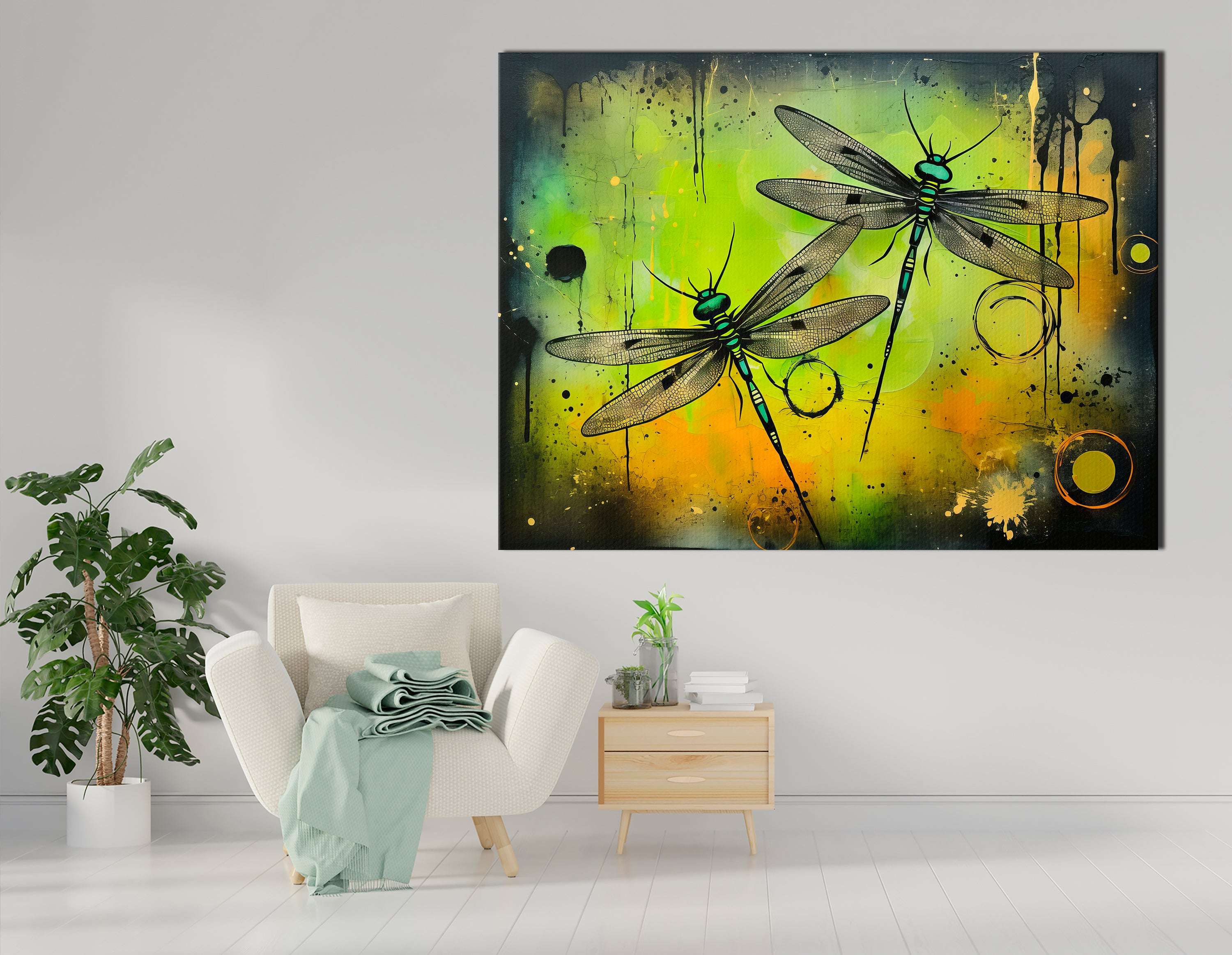 Dragonflies on Lime Green - Canvas Print - Artoholica Ready to Hang Canvas Print