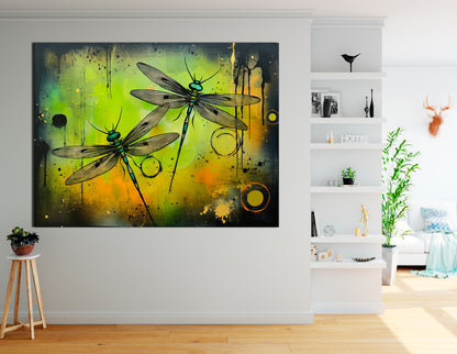 Dragonflies on Lime Green - Canvas Print - Artoholica Ready to Hang Canvas Print